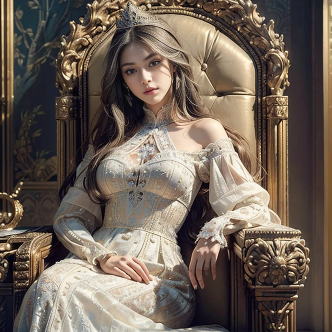 high details, best quality, 8k, [ultra detailed], masterpiece, best quality, (extremely detailed), ultra wide shot, photorealistic, a picture of a empress  wearing white dress (intricate details, Masterpiece, best quality: 1.5), holding a scepter (intricate details, Masterpiece, best quality: 1.5), wearing a crown with 12 stars (intricate details, Masterpiece, best quality: 1.5), sitting on a throne (intricate details, Masterpiece, best quality: 1.5), silver hair, long hair, flowing hair, intense eyes,  dynamic light, from the front, [[12 stars in the background]], best quality, highres, ultra wide angle