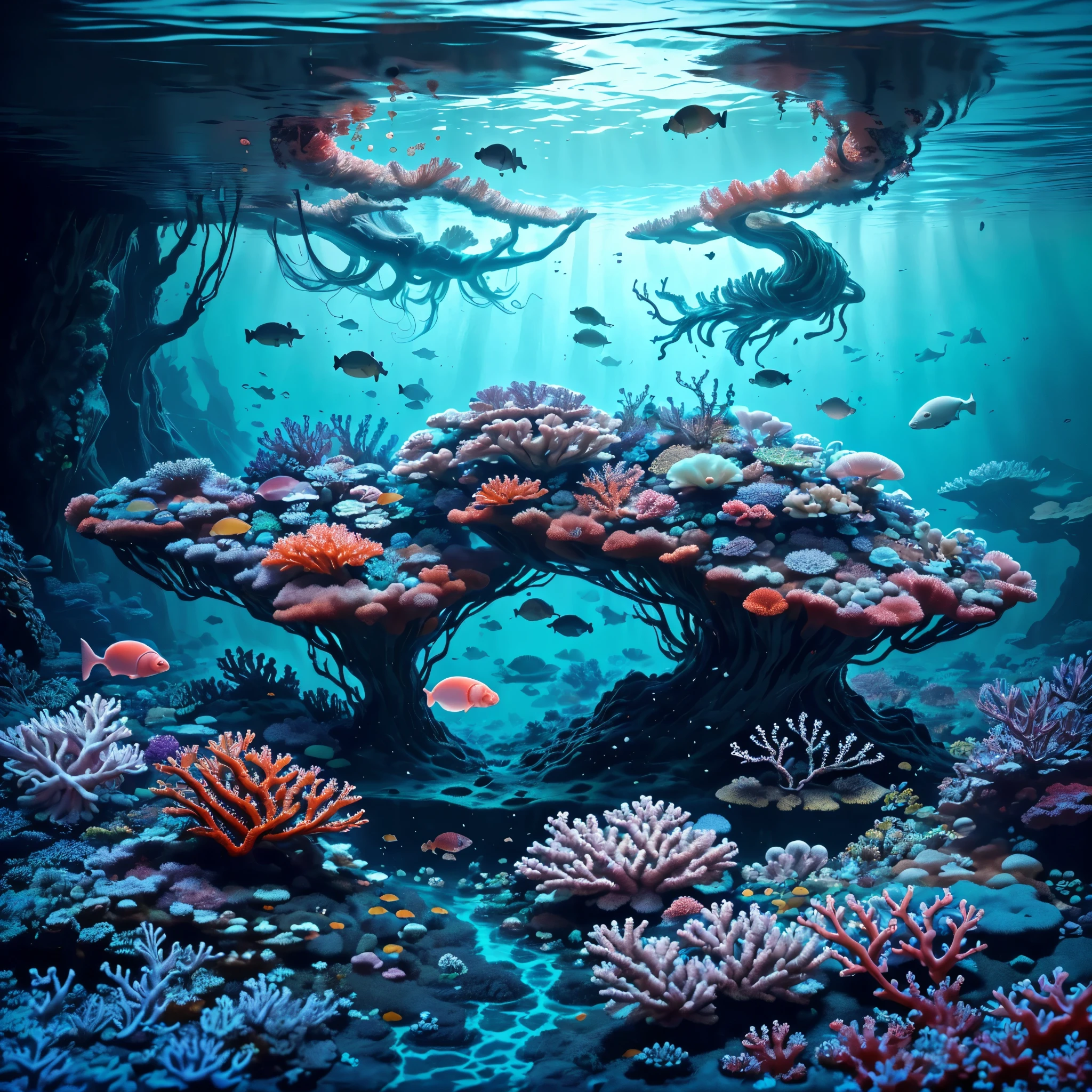 (best quality,4k,8k,highres,masterpiece:1.2),ultra-detailed,(realistic,photorealistic,photo-realistic:1.37),deep underwater, so deep no sunlight reaches, perpetual night, undersea forest,leprous corals,dimly lit,rainbow colored,faintly bioluminescent kelps,creepy creatures,shadows,outlines,forest depths,shimmering water,vibrant colors,organic shapes,mysterious atmosphere,secluded,silent,coexistence,dense foliage,translucent corals,swaying movements,ethereal beauty,subtle glow,undulating plants,hidden treasures,seaweeds,living organisms,biological diversity,marine life,tranquil,enchanted,unseen world,surreal,otherworldly,magical,predatory lurking,elusive,haunting presence