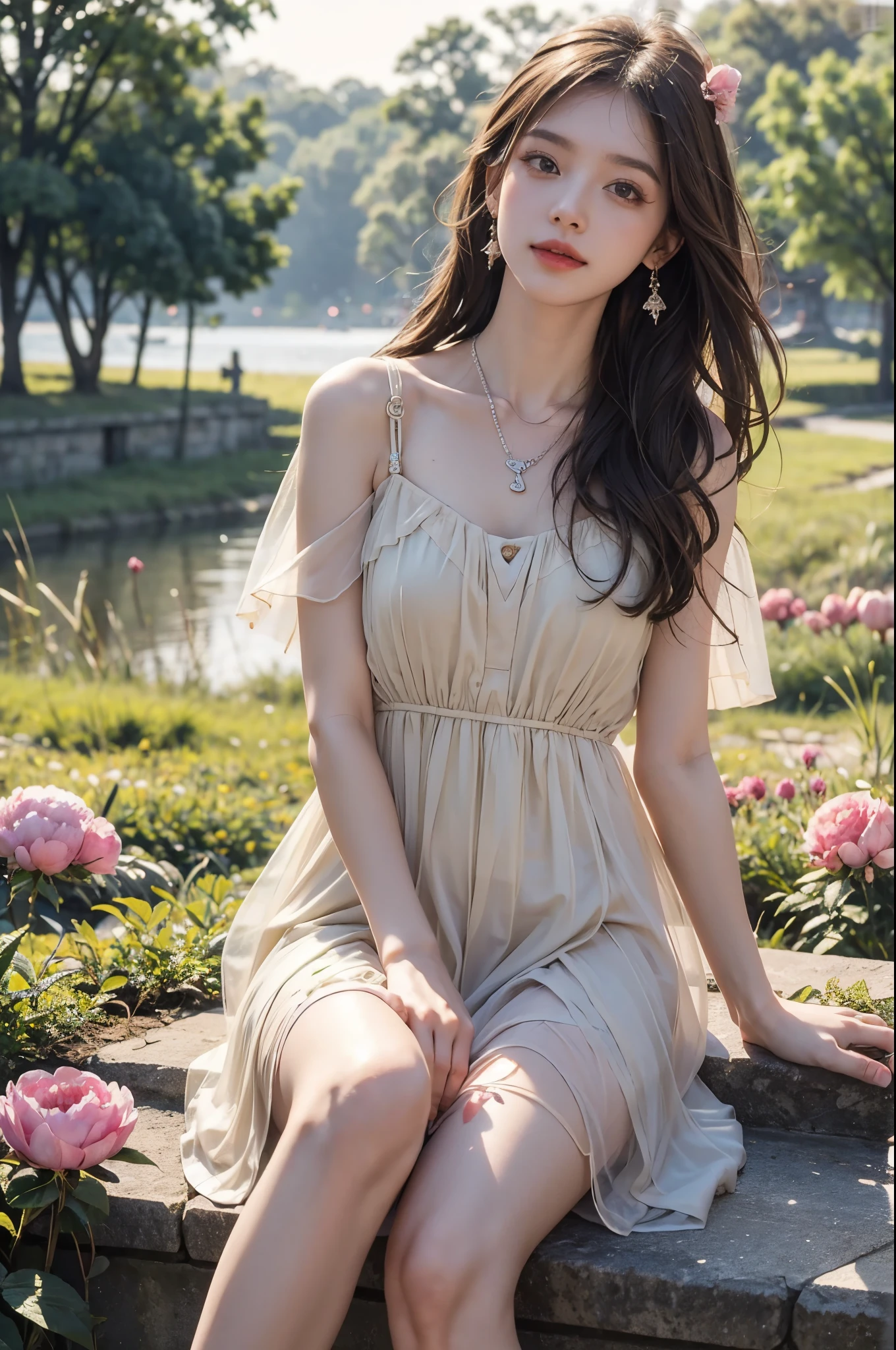 Sweet girl clothes9,yellow dress,, ((best quality, 8k, masterpiece: 1.3)), ((knee shot)), sexy的亚洲女模特, blush, (seduct smile: 0.8), hair accessories, necklace, Jia, Tyndall effect, actual, light edge, Two-tone lighting, 8k ultra hd, SLR camera, high quality, Volumetric lighting, sneak peek, photo, high resolution, 4K, 8k, background bokeh, earrings, 35mm, High detail hair, broken to pieces, portrait, Ultra-clear face, (lakeside, grassland), slim and beautiful, sexy, slender legs, (long hair casual, :1.2),  The face is super delicate, exquisite eyes, double eyelids, necklaces, earrings, light and shadow, high detail light and shadow, (flowers, peony, Rose)