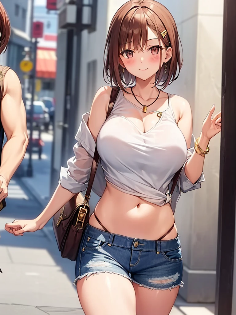 city, street, walk, Shoulder bag, ((blush:1.2)), smile, 1 girl, (alone:1.3), hairpin, ((white shirt)), huge breasts, Naughty big breasts, ((long slender legs)), ((thin waist)), cowboy shot, thick thighs, denim shorts, Beautiful woman, pretty face, Close your legs, erotic pose