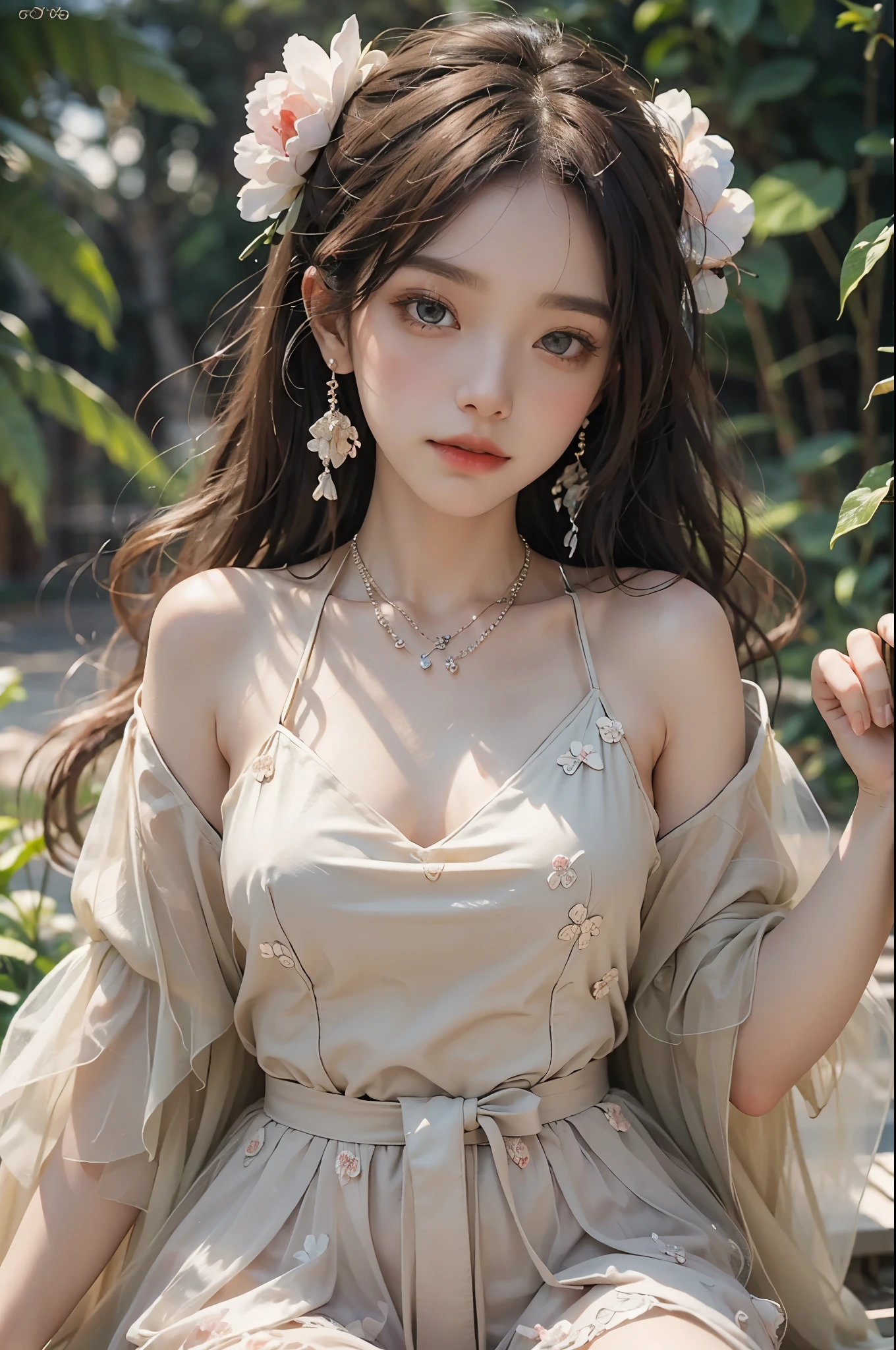 Sweet girl clothes9,yellow dress,, ((best quality, 8k, masterpiece: 1.3)), ((knee shot)), sexy的亚洲女模特, blush, (seduct smile: 0.8), hair accessories, necklace, Jia, Tyndall effect, actual, light edge, Two-tone lighting, 8k ultra hd, SLR camera, high quality, Volumetric lighting, sneak peek, photo, high resolution, 4K, 8k, background bokeh, earrings, 35mm, High detail hair, broken to pieces, portrait, Ultra-clear face, (lakeside, grassland), slim and beautiful, sexy, slender legs, (long hair casual, :1.2), The face is super delicate, exquisite eyes, double eyelids, necklaces, earrings, light and shadow, high detail light and shadow, (flowers, peony, Rose)