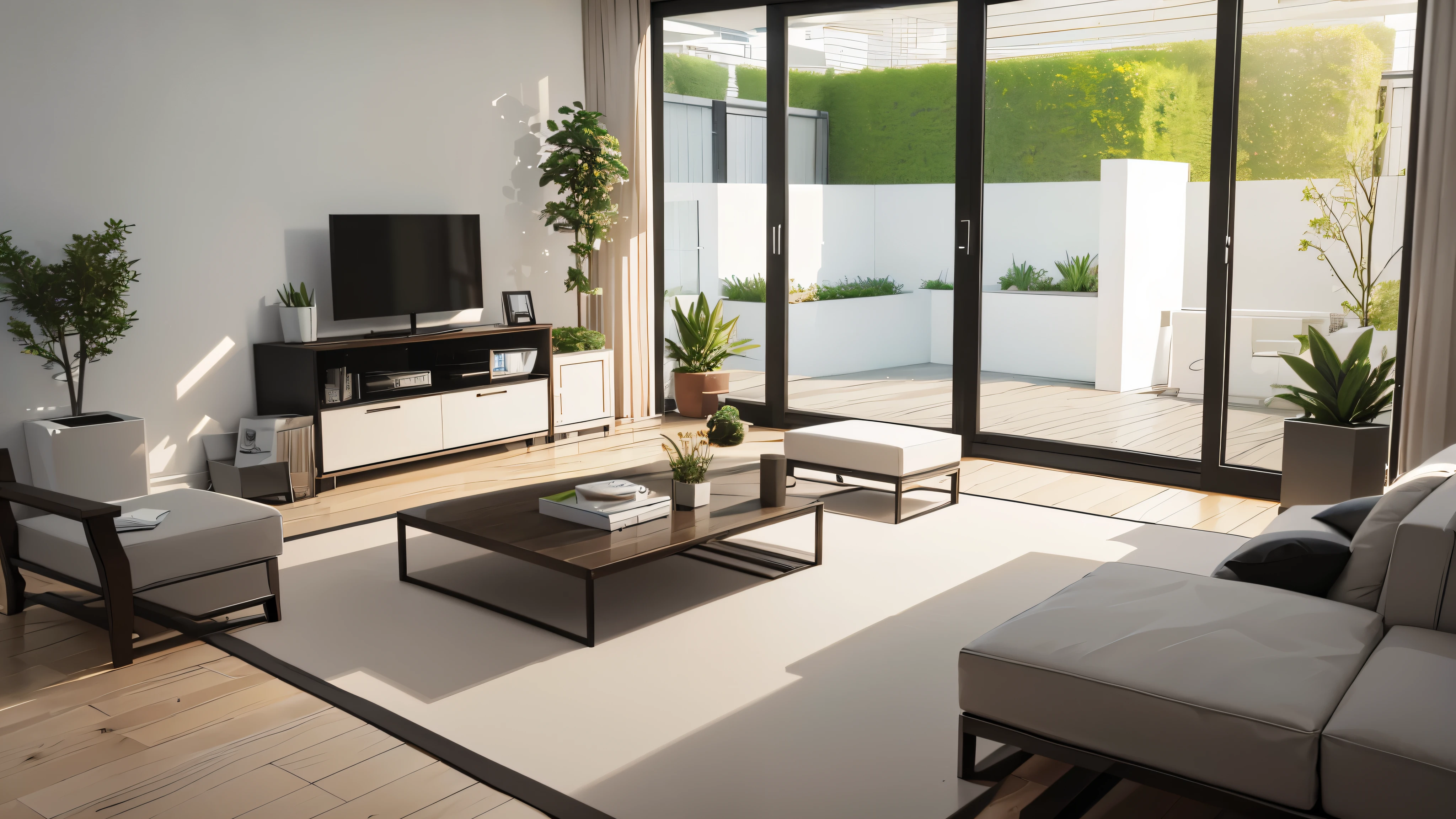 You are a famous interior designer、You have been asked to create a 3D image of a modern large room. Create a harmonious environment with modern and minimalist furniture. Including garden interior.