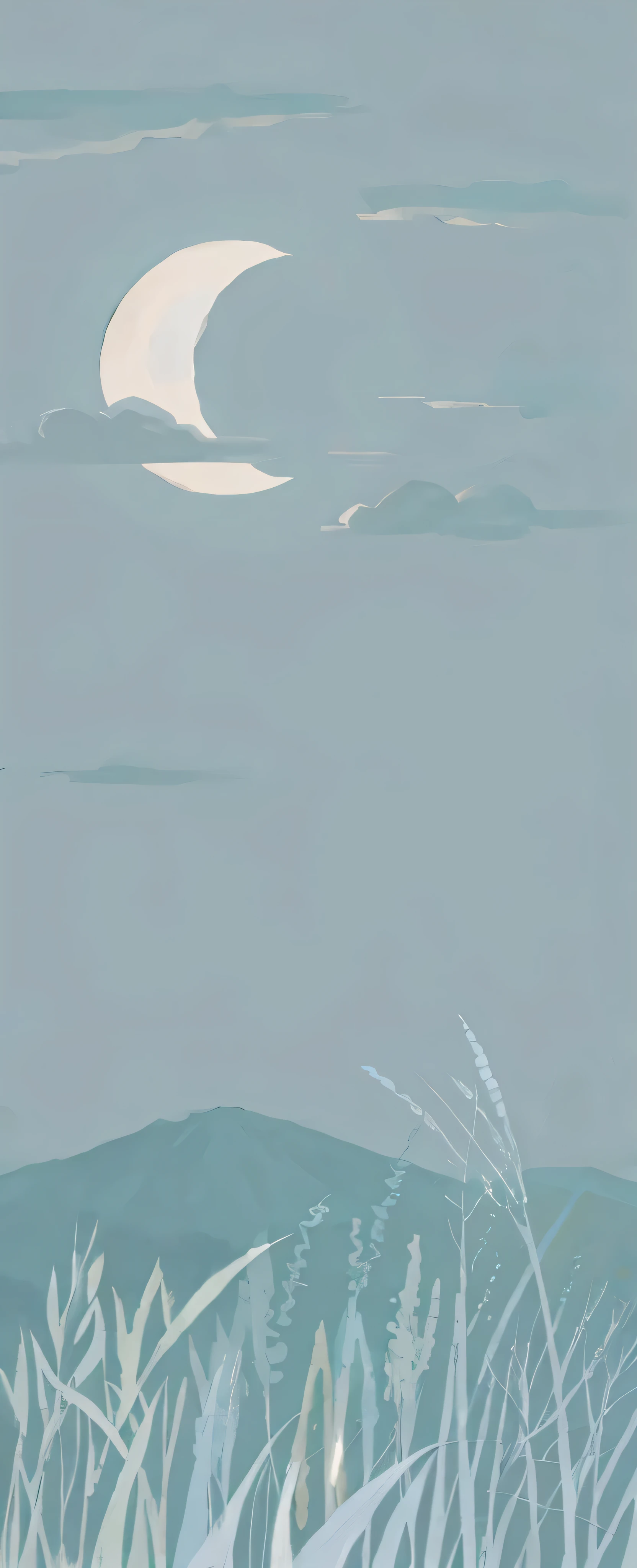 night sky landscape painting、one crescent moon、cloud、debris flies、Pampas grass、distant mountain
