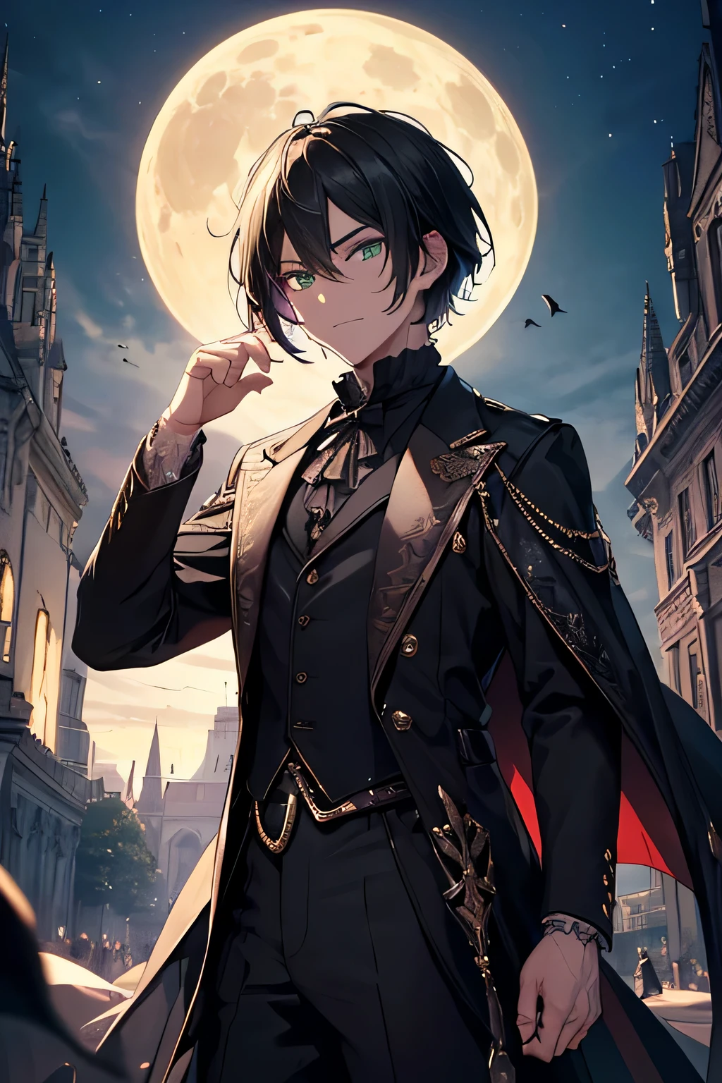 (High resolution, 4K, super detailed, masterpiece:1.2),cowboy shot (no hat:1.5), ((1 boy)), glowing green eyes, fine eyes, black hair, ((bob hair)), earl, victorian elegance, aristocratic clothes, grin and laugh, dynamic pose, Crescent Moon, deep night, At night, Vampire Castle, The Cursed Castle, dark fantasy, horror, dramatic lighting, quiet solitude, enchanting beauty