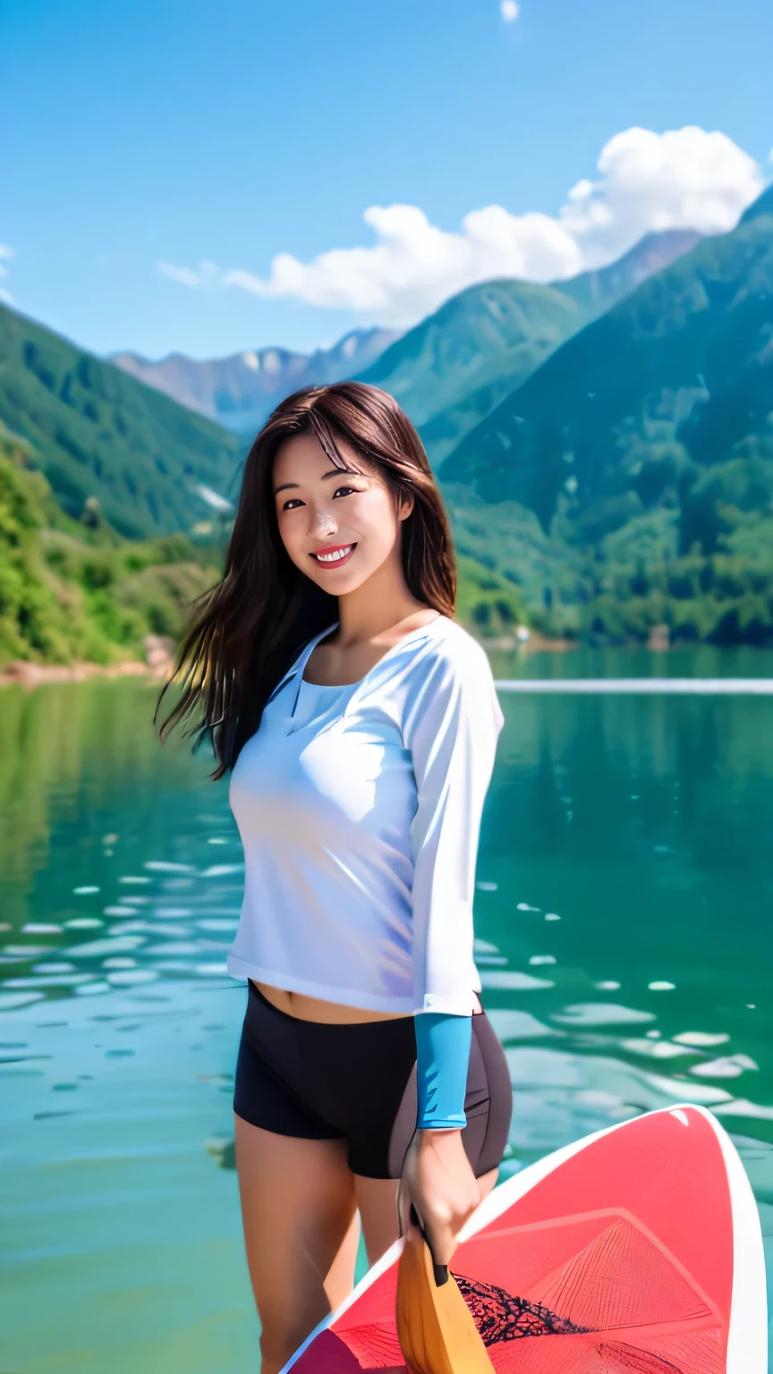 (realistic, photo-realistic:1.4), (extremely detailed 8k wallpaper), bokeh, detailed beautiful eyes and skin, (Image from thighs to head:1.3), Canon R5 50mm, (Japanese idol:1.4), 25yo, beautiful woman, smile, large breast, Casual and fashionable stand-up paddleboarding attire, Relaxed paddleboarder gliding on calm waters, Serene lake with clear reflections and distant mountains, Tranquil paddleboarding experience,