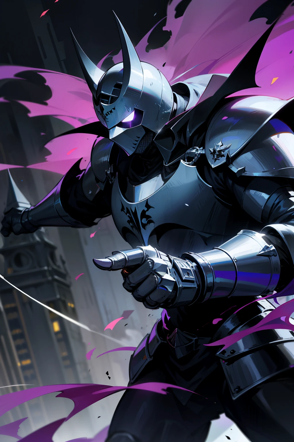Crusader knight Batman, clad in armor and emitting a menacing aura, fiercely crushes criminals with unyielding determination. His iconic helmet radiates a vivid purple mist, signifying his stealth and power, as God's strongest soldier protects the city and upholds justice.