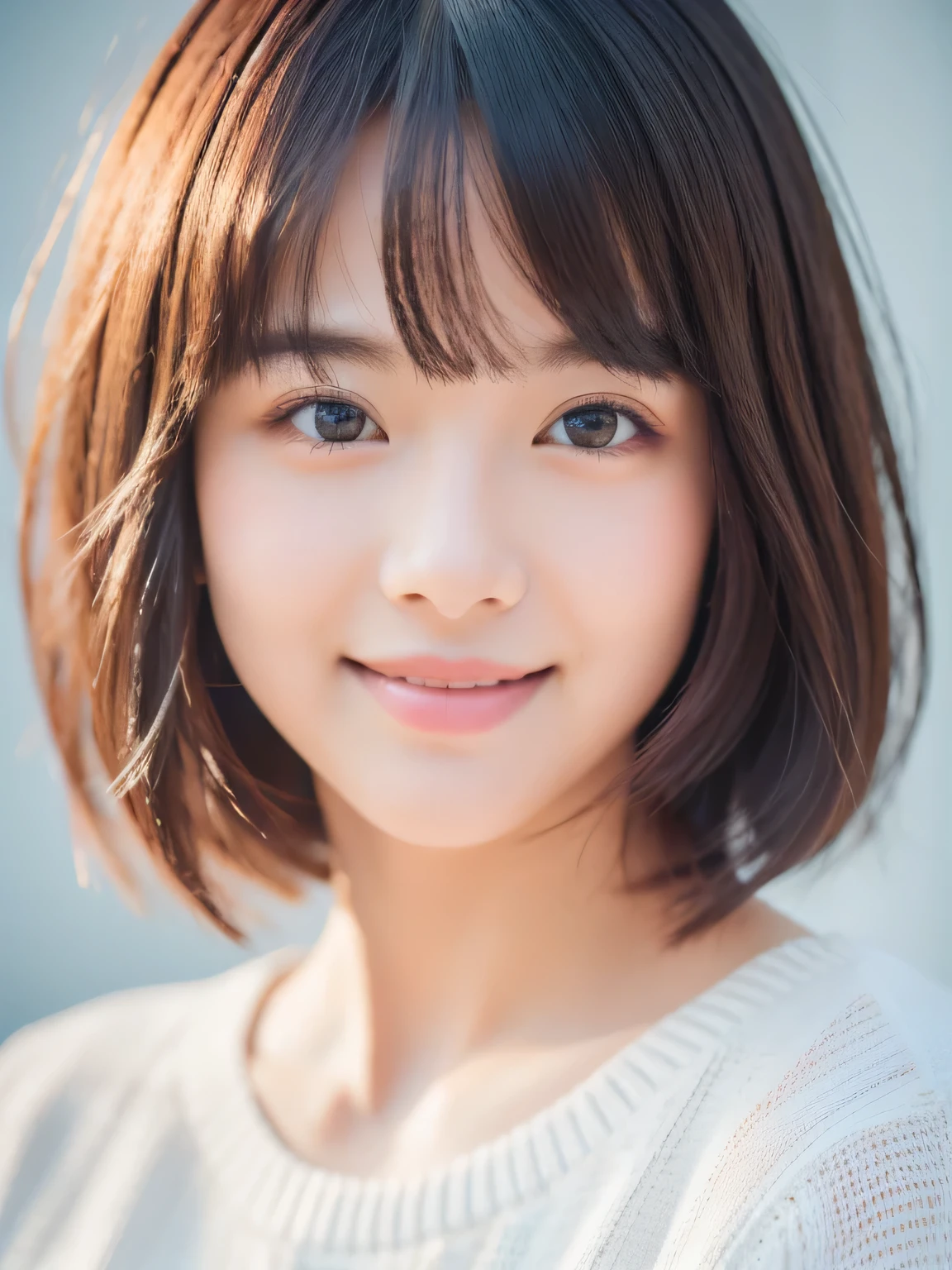 masterpiece, highest quality, RAW photo, realistic, smile, beautiful girl, cute, delicate girl, short hair, written boundary depth, High resolution, Super detailed, detailed, 非常にdetailedな目と顔, realistic student, sharp focus, cinematic lighting, Upper body, bangs, knit sweater,