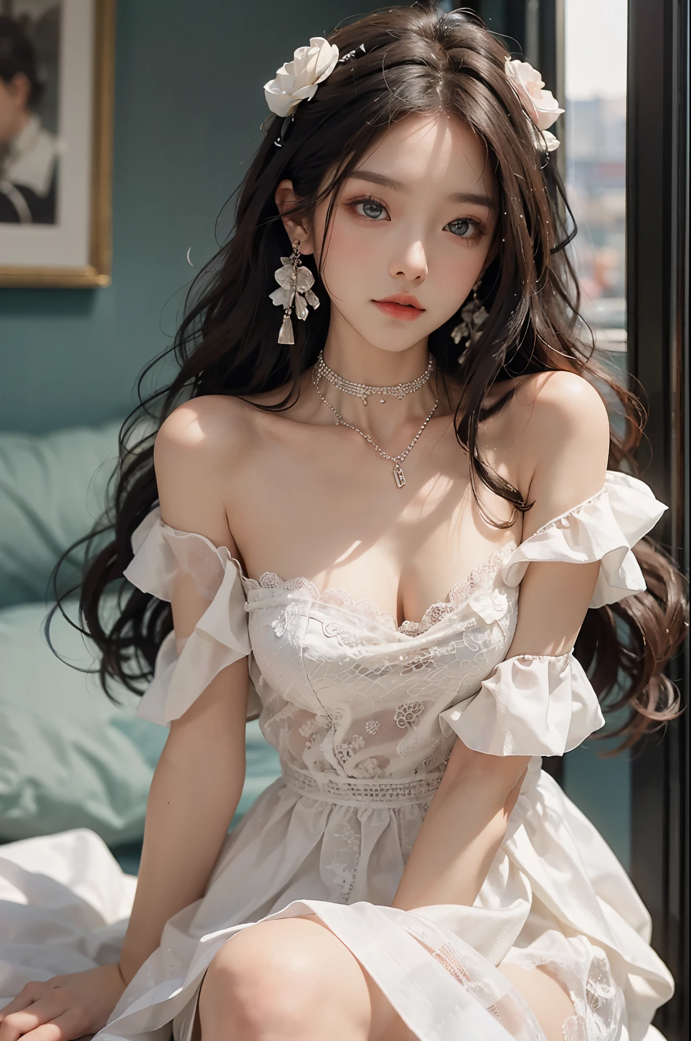 Sweet girl clothes4,strapless dress,jewelry,, ((best quality, 8k, masterpiece: 1.3)), ((knee shot)), sexy的亚洲女模特, blush, (seduct smile: 0.8), hair accessories, necklace, Jia, Tyndall effect, actual, light edge, Two-tone lighting, 8k ultra hd, SLR camera, high quality, Volumetric lighting, sneak peek, photo, high resolution, 4K, 8k, background bokeh, earrings, 35mm, High detail hair, broken to pieces, portrait, Ultra-clear face, (lakeside, grassland), slim and beautiful, sexy, slender legs, A plump chest, cleavage, (long hair casual, :1.2), The face is super delicate, exquisite eyes, double eyelids, necklaces, earrings, light and shadow, high detail light and shadow, (flowers, peony, Rose)