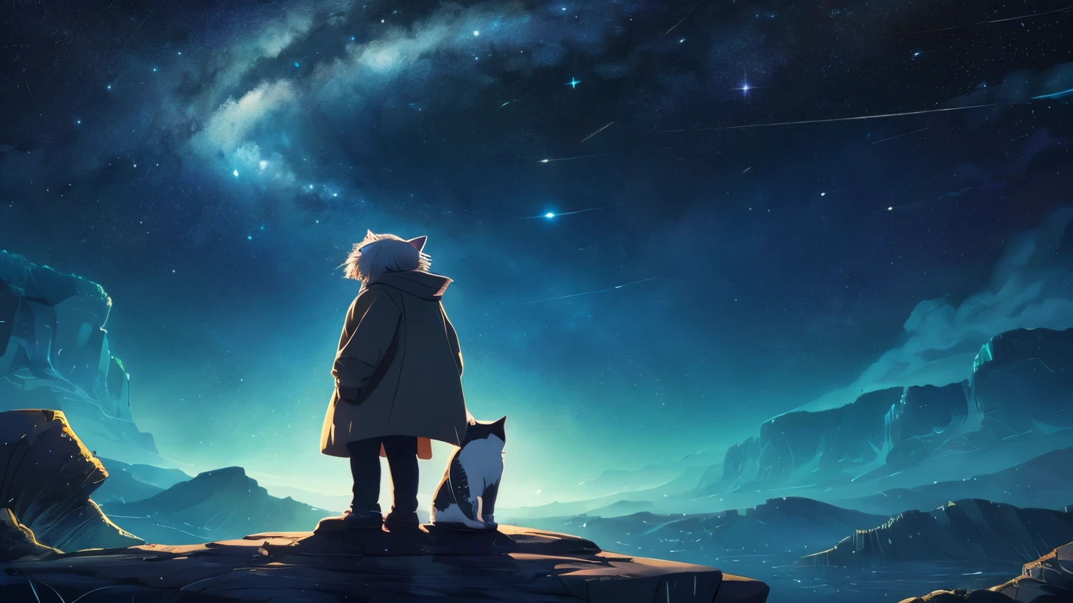 Cartoon cat standing on a rock and looking at the starry sky, makoto shinkai cyril rolando, anime art wallpaper 4k, anime art wallpaper 4k, anime art wallpaper 8k, space sky. by makoto shinkai, Inspired by Cyril Rolland, In the style of Dan Mumford's artwork, awesome wallpaper, by Yuumei, Gray hair information size