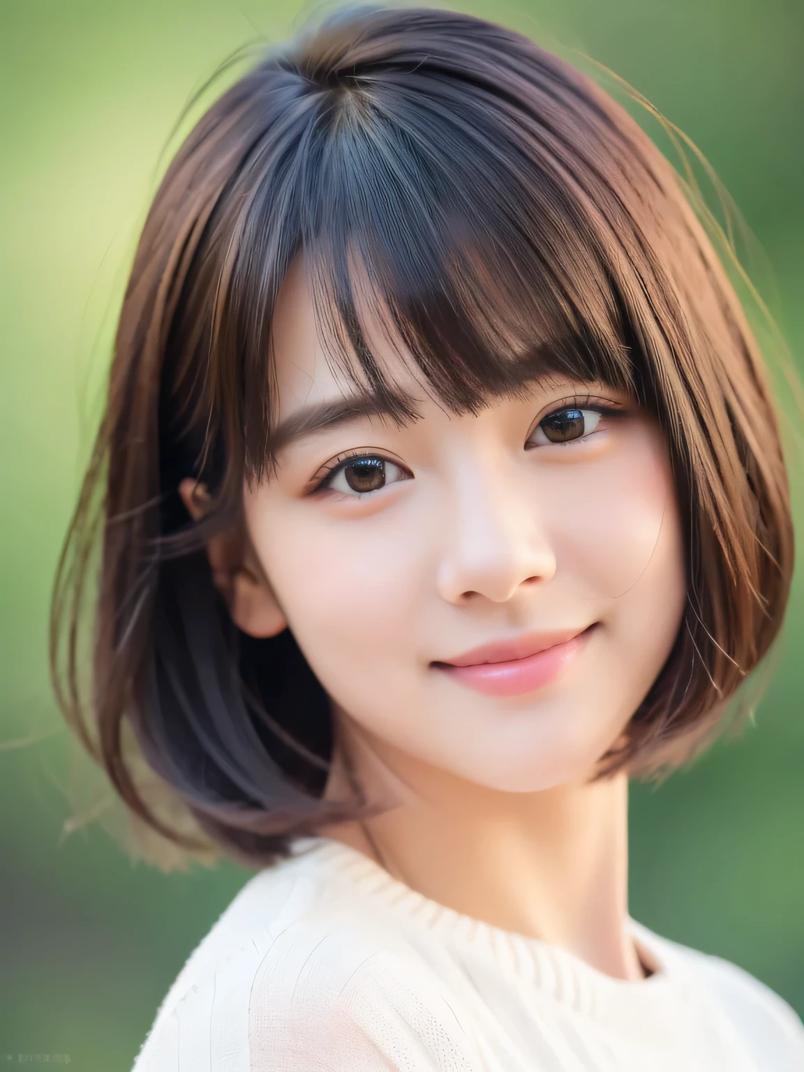 masterpiece, highest quality, RAW photo, realistic, smile, beautiful girl, cute, delicate girl, short hair, written boundary depth, High resolution, Super detailed, detailed, 非常にdetailedな目と顔, realistic student, sharp focus, cinematic lighting, Upper body, bangs, knit sweater,