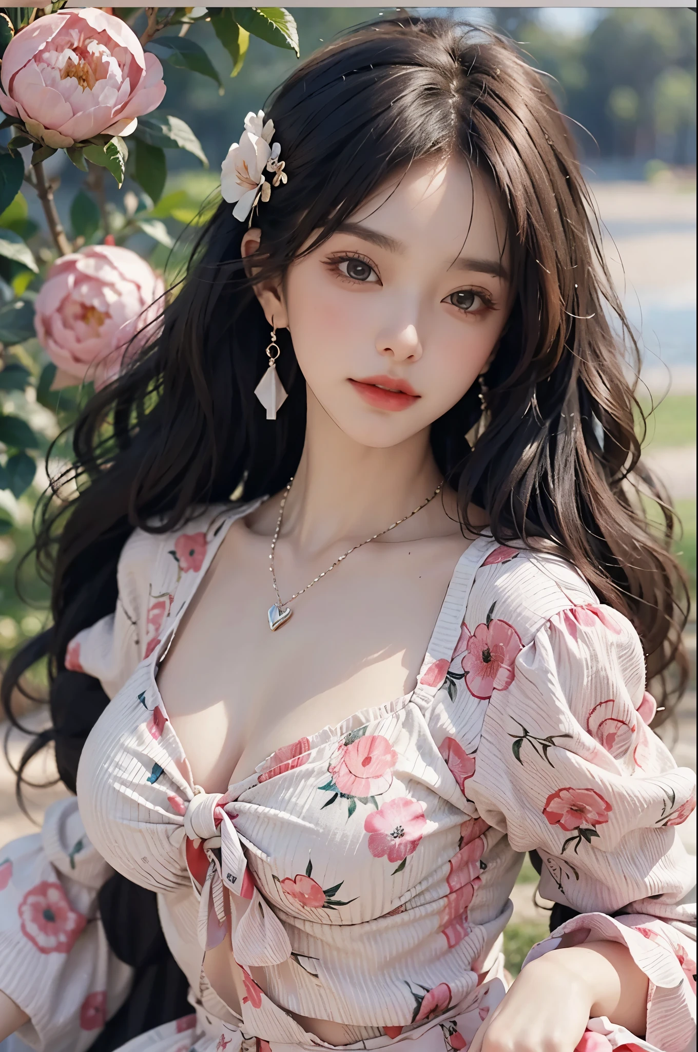 Sweet girl clothes6,print dress,, ((best quality, 8k, masterpiece: 1.3)), ((knee shot)), sexy的亚洲女模特, blush, (seduct smile: 0.8), hair accessories, necklace, Jia, Tyndall effect, actual, light edge, Two-tone lighting, 8k ultra hd, SLR camera, high quality, Volumetric lighting, sneak peek, photo, high resolution, 4K, 8k, background bokeh, earrings, 35mm, High detail hair, broken to pieces, portrait, Ultra-clear face, (lakeside, grassland), slim and beautiful, sexy, slender legs, A plump chest, cleavage, (long hair casual, :1.2), The face is super delicate, exquisite eyes, double eyelids, necklaces, earrings, light and shadow, high detail light and shadow, (flowers, peony, Rose)