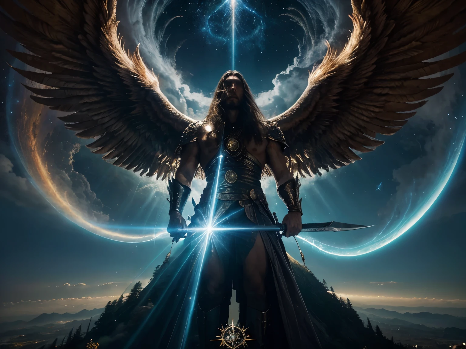 Crie uma imagem poderosa e celestial do Arcanjo Miguel, emanating a divine presence. Utilize tons vibrantes, flowing hair, big wings and flying in the imposing sky, with a sword in his right hand.