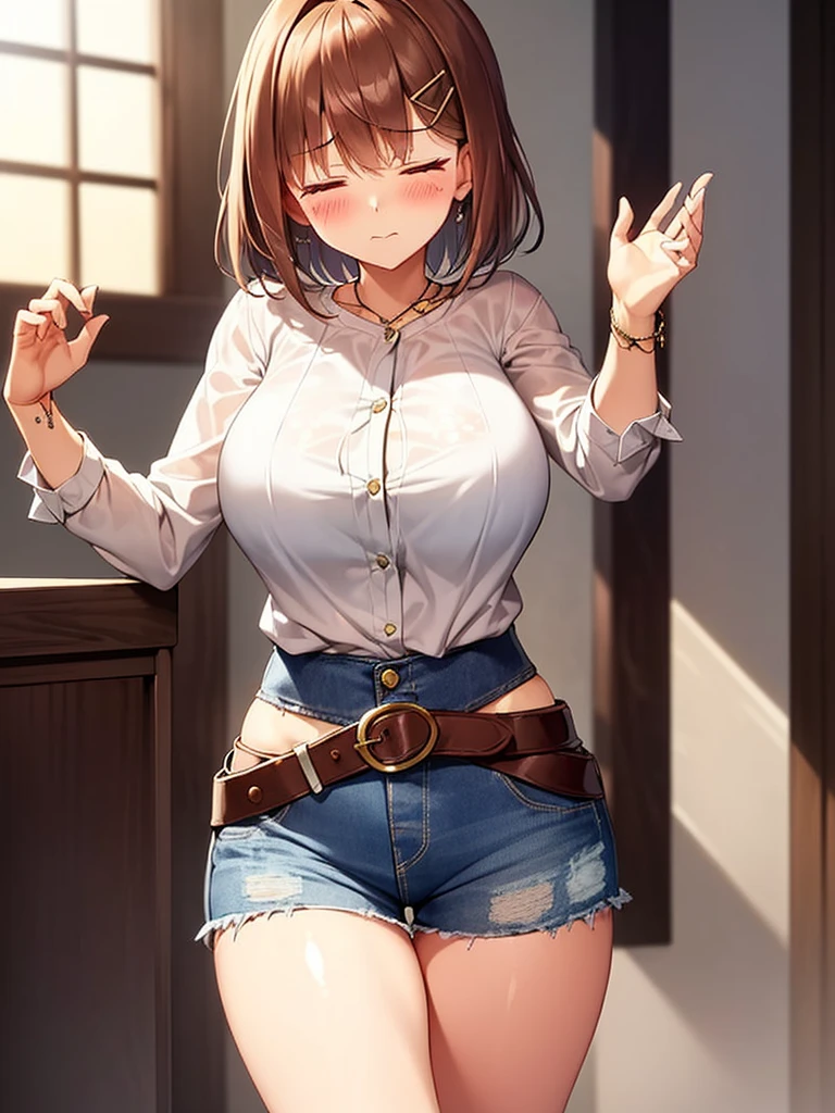 lean back, ((blush:1.2)), ((Fully closed eyes:1.3)), endure the pain, 1 girl, (alone:1.3), ((raise your arms)), hairpin, ((white shirt)), huge breasts, Naughty big breasts, ((long slender legs)), ((thin waist)), cowboy shot, thick thighs, denim shorts, Beautiful woman, pretty face, Close your legs