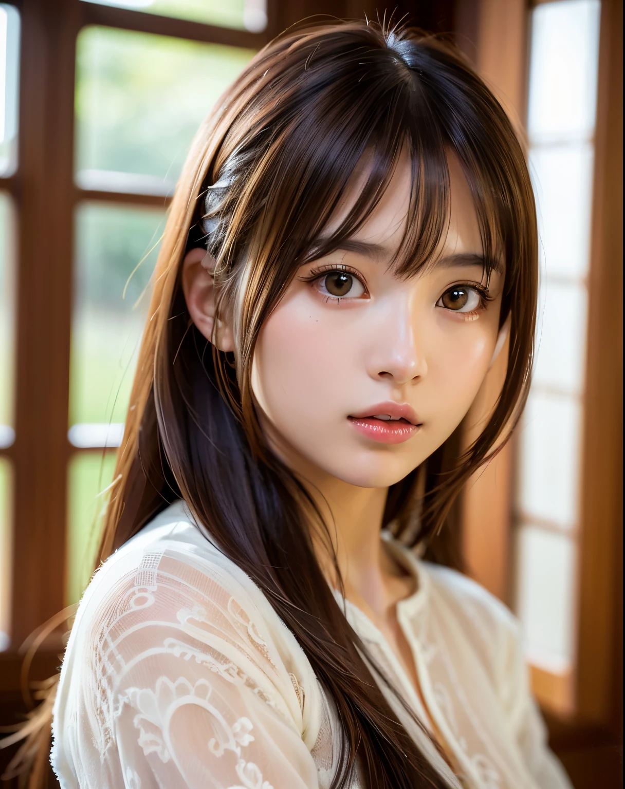 best quality, face focus, soft light, ultra high res, (photorealistic:1.4), RAW photo,
1japanese girl, solo, cute, (pupil, lights in the eyes),  detailed beautiful face, (small chest),(high resolution detail of human skin texture),
(long hair),
indoor,
Damask Shirt Dress,
(portrait)