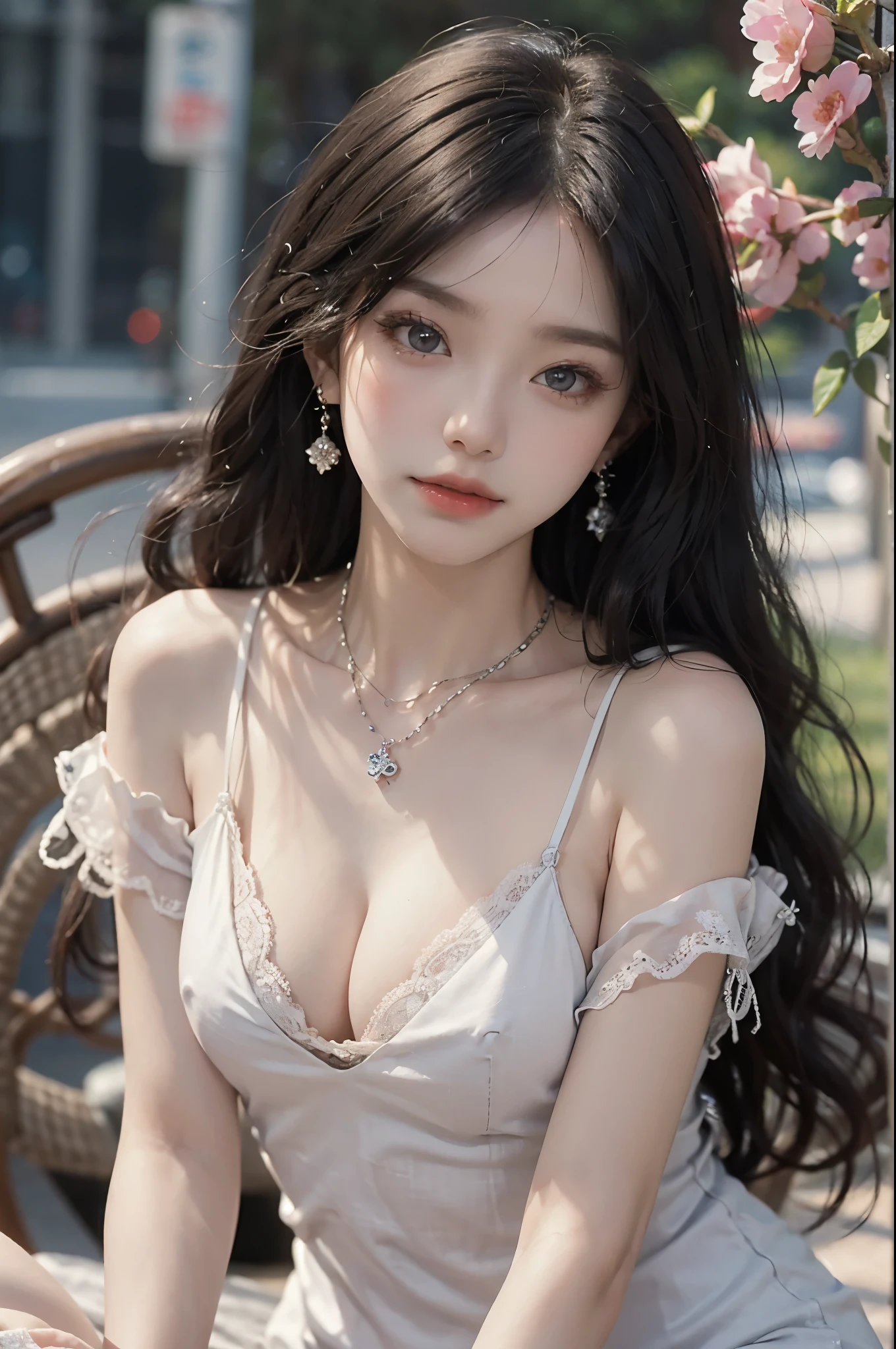 lace dress1, ((best quality, 8k, masterpiece: 1.3)), ((knee shot)), ????的亚洲女模特, blush, (seduct smile: 0.8), hair accessories, necklace, Jia, Tyndall effect, actual, light edge, Two-tone lighting, 8k ultra hd, SLR camera, high quality, Volumetric lighting, sneak peek, photo, high resolution, 4K, 8k, background bokeh, earrings, 35mm, High detail hair, broken to pieces, portrait, Ultra-clear face, (lakeside, grassland), slim and beautiful, ????, slender legs, A plump ?????, cleavage, (long hair casual, :1.2), The face is super delicate, exquisite eyes, double eyelids, necklaces, earrings, light and shadow, high detail light and shadow, (flowers, peony, Rose)