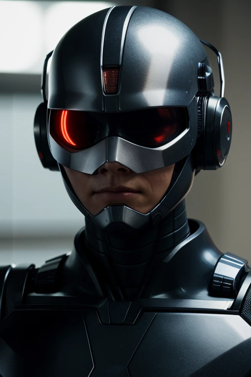 Robocop, action pose, eye contact, looking at the viewer, masterpiece, best quality, perfect detail, perfect face detail, perfect eye detail, perfect skin detail, depth of field, perfect lighting