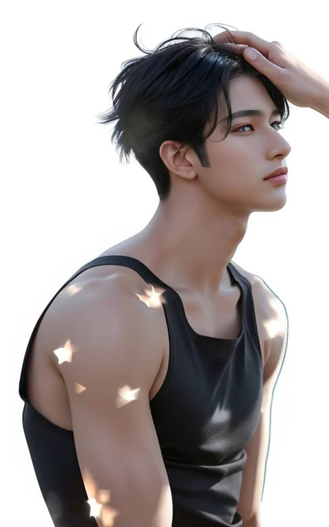  guy with black hair and looking at something, handsome with realistic human, blue eyes, anime handsome man,  delicate androgynous prince, a handsome man，black short hair, beautiful androgynous prince.