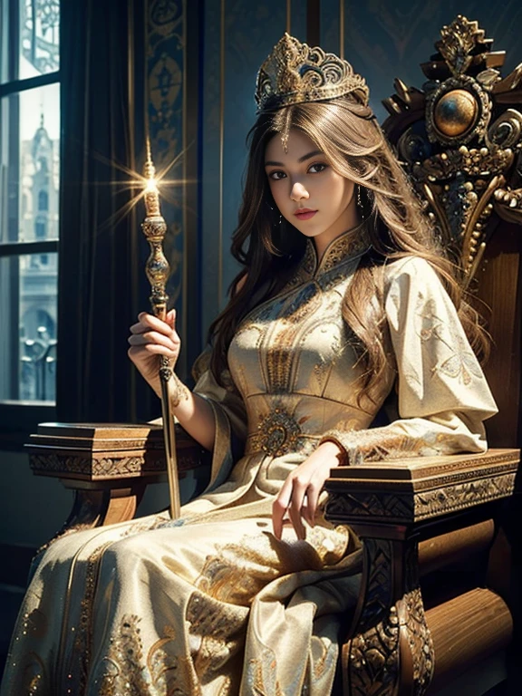 high details, best quality, 8k, [ultra detailed], masterpiece, best quality, (extremely detailed), ultra wide shot, photorealistic, a picture of a empress  wearing empress dress (intricate details, Masterpiece, best quality: 1.5), holding a scepter (intricate details, Masterpiece, best quality: 1.5), wearing a crown with 12 stars (intricate details, Masterpiece, best quality: 1.5), sitting on a throne (intricate details, Masterpiece, best quality: 1.5),white long hair, Very long hair, flowing hair, intense eyes,  dynamic light, from the front, [[12 stars in the background]], best quality, highres, ultra wide angle