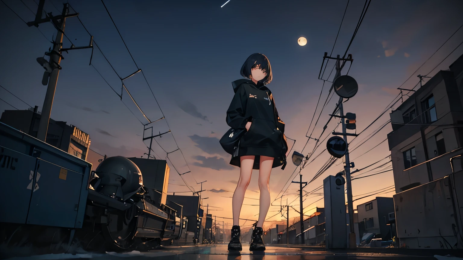 A full-body figure of a woman with a bob cut and a black hoodie standing in front of a railroad crossing, and the moon can be seen in the distant sky over the night city.