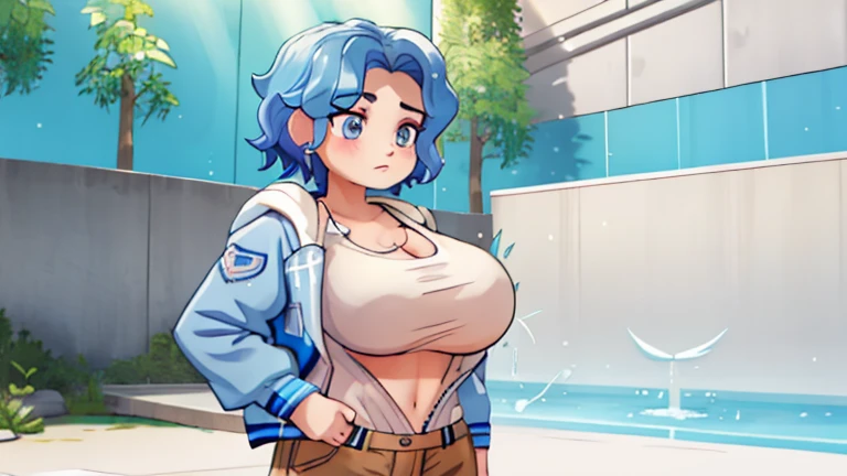 Best quality, masterpiece, tari, big , lactation, blue hair, unzipped blue jacket, white t-shirt, light brown pants, thick, wide hips, blue eyes, orgasmic expression, blushing,