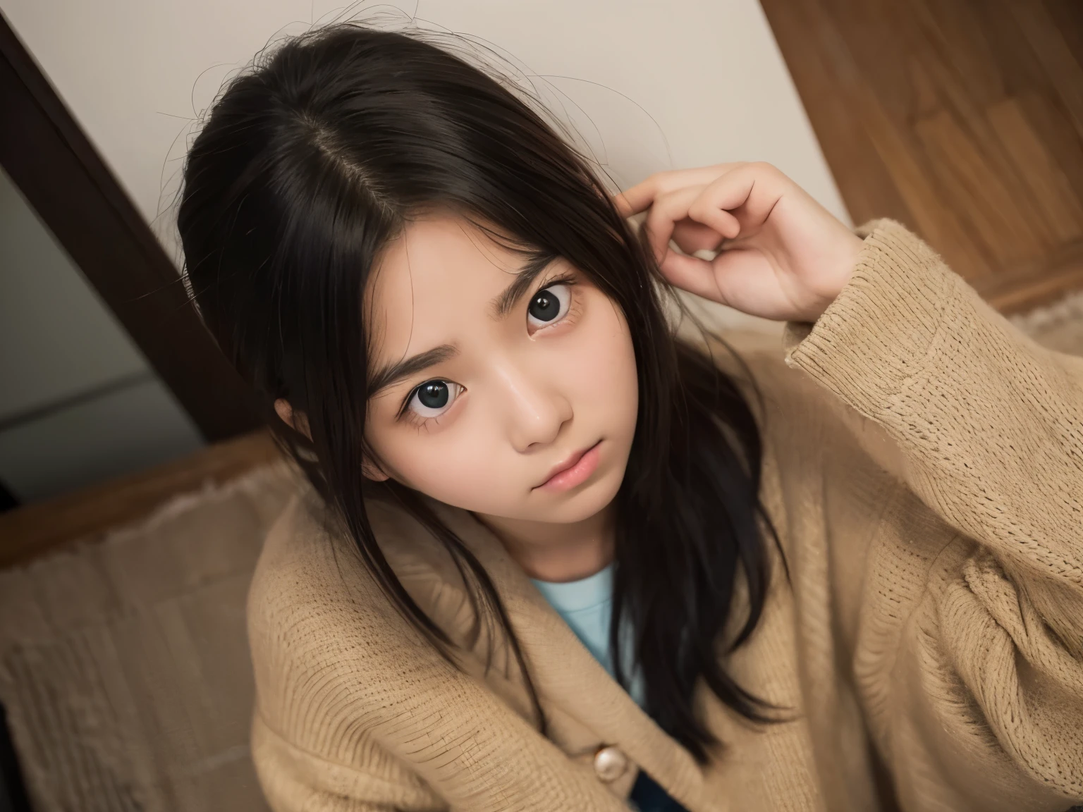 look at the camera、looking down from above、black eye、Clear eyes、15 years old、droopy eyes