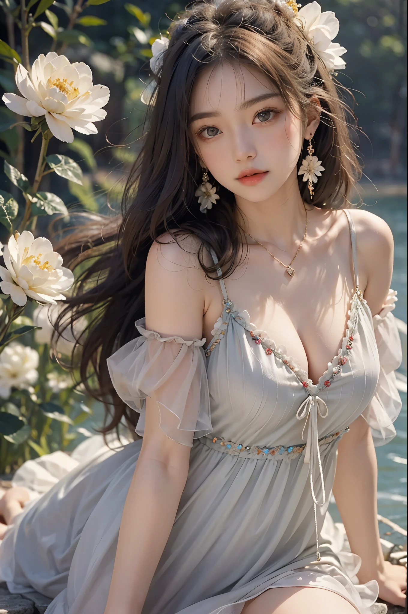 Sweet girl clothes10,korean dress, ((best quality, 8k, masterpiece: 1.3)), ((knee shot)), sexy的亚洲女模特, blush, (seduct smile: 0.8), hair accessories, necklace, Jia, Tyndall effect, actual, light edge, Two-tone lighting, 8k ultra hd, SLR camera, high quality, Volumetric lighting, sneak peek, photo, high resolution, 4K, 8k, background bokeh, earrings, 35mm, High detail hair, broken to pieces, portrait, Ultra-clear face, (lakeside, grassland), slim and beautiful, sexy, slender legs, A plump chest, cleavage, (long hair casual, :1.2), The face is super delicate, exquisite eyes, double eyelids, necklaces, earrings, light and shadow, high detail light and shadow, (flowers, peony, Rose)