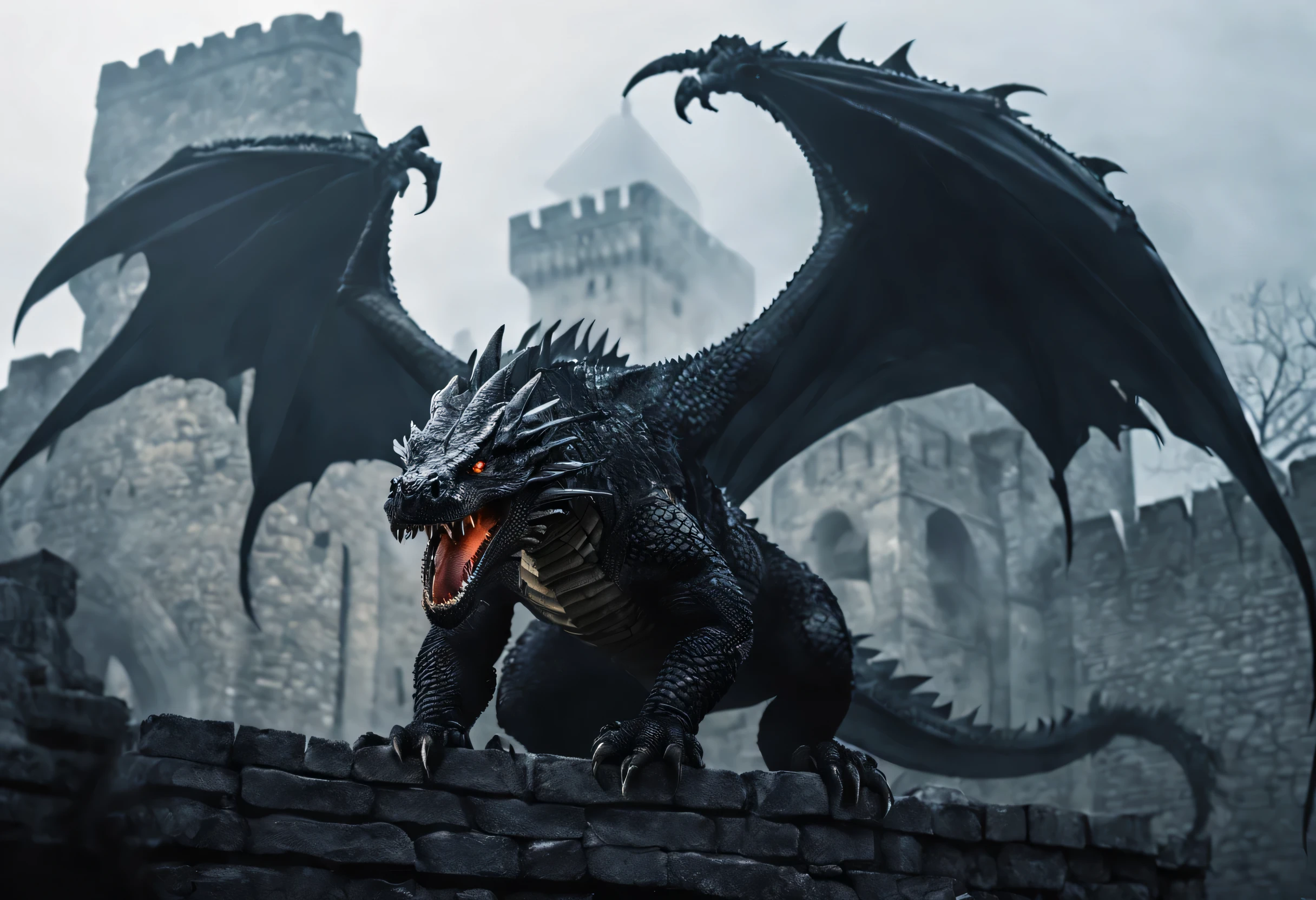 崖の上に座る巨大なdark dragon, (Lower body hidden in fog),Ruined medieval European castle town,A ruined castle town shrouded in fog,dark dragon,black scales covering the whole body,Rugged scales like a crocodile,fiery eyes,majestic wings,muscular arm and hand with three fingers,Thick serving, long and strong tail,sharp teeth,