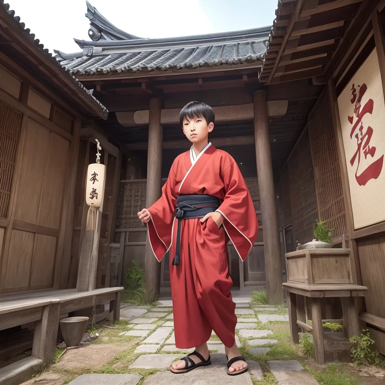 High resolution, Super detailed, masterpiece, highest quality,oriental、boy、ancient japanese peasant clothes、alone、game poster、