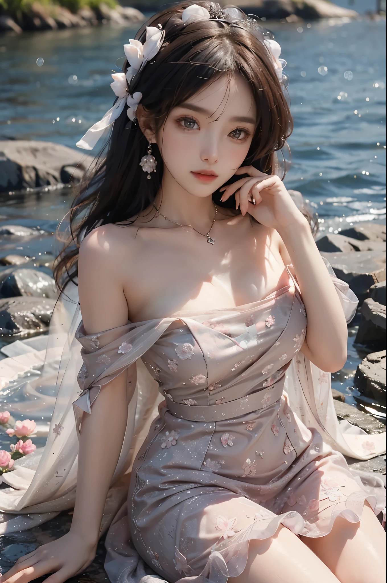 Special clothes46,strapless dress, ((best quality, 8k, masterpiece: 1.3)), ((knee shot)), sexy的亚洲女模特, blush, (seduct smile: 0.8), hair accessories, necklace, Jia, Tyndall effect, actual, light edge, Two-tone lighting, 8k ultra hd, SLR camera, high quality, Volumetric lighting, sneak peek, photo, high resolution, 4K, 8k, background bokeh, earrings, 35mm, High detail hair, broken to pieces, portrait, Ultra-clear face, (lakeside, grassland), slim and beautiful, sexy, slender legs, A plump chest, cleavage, (long hair casual, :1.2), The face is super delicate, exquisite eyes, double eyelids, necklaces, earrings, light and shadow, high detail light and shadow, (flowers, peony, Rose)