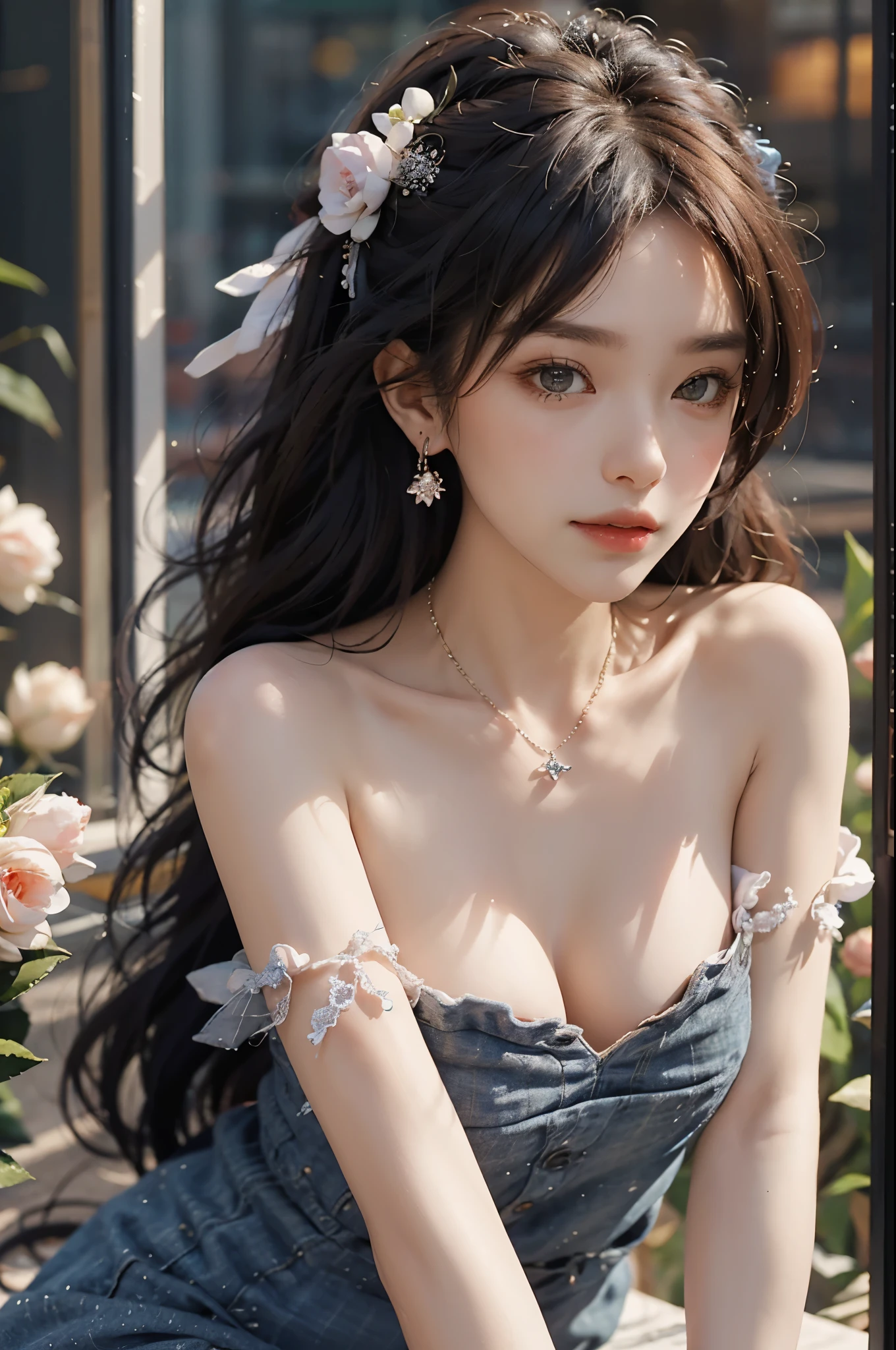 Special clothes46,strapless dress, ((best quality, 8k, masterpiece: 1.3)), ((knee shot)), sexy的亚洲女模特, blush, (seduct smile: 0.8), hair accessories, necklace, Jia, Tyndall effect, actual, light edge, Two-tone lighting, 8k ultra hd, SLR camera, high quality, Volumetric lighting, sneak peek, photo, high resolution, 4K, 8k, background bokeh, earrings, 35mm, High detail hair, broken to pieces, portrait, Ultra-clear face, (lakeside, grassland), slim and beautiful, sexy, slender legs, A plump chest, cleavage, (long hair casual, :1.2), The face is super delicate, exquisite eyes, double eyelids, necklaces, earrings, light and shadow, high detail light and shadow, (flowers, peony, Rose)