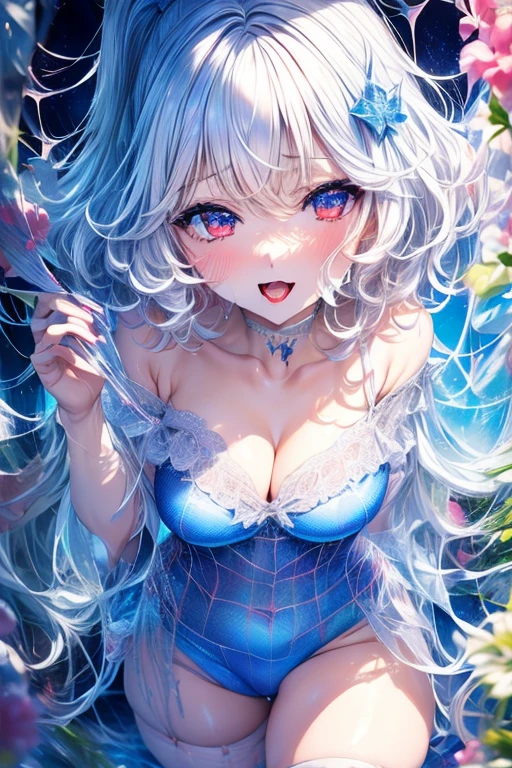 ((masterpiece、Super detailed、intricate details、high quality、distinct、An illustration))、girl 、18-year-old、150cm、40 km、C cup、thin、slim body、short hair、shortcut、bdsm、spider webs、spider websに捕まった少女、arms outstretched、spider websに張り付けられている、spider websに縛られている、silver hair、platinum、Shyness、Blue leotard、torn leotard、Torn leotard、Thin leotard、beautifully、risky、See-through、cleavage exposed、nipple erection、whole body、Overall view、巨大なspider webs、Shyness、embarrassing、scared、