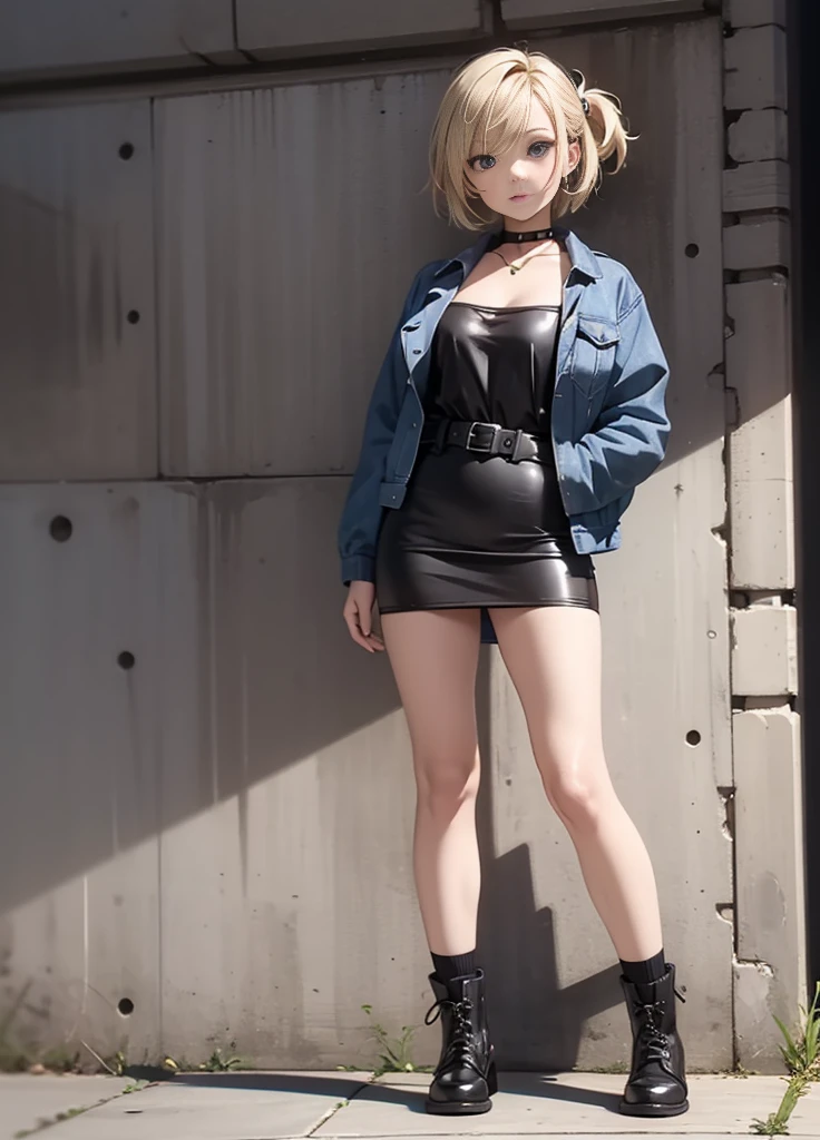 full body, from below,  8k,solo,Short blonde hair,blue eyes, horrified,panty shot,blush,thick thighs,((socks calf socks mid-calf socks)), v neck, (((black tube dress))), brown braided boots,belt, ayabrea,blue denim jacket,a