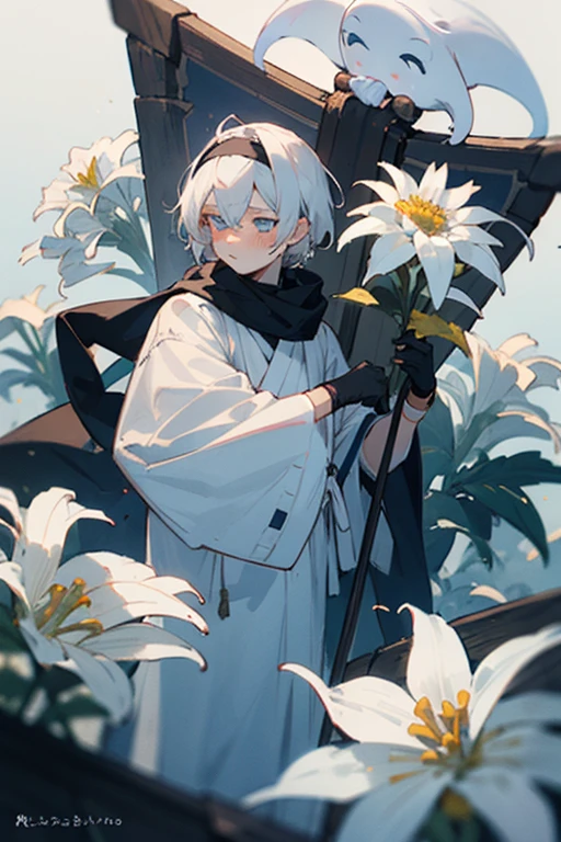 ((best quality)), ((masterpiece)), (detailed), the perfect face of anime boy, a ghost, 17-year-old, cute, blush, white hair, 6 ft tall, pale skin, blue eyes, white funeral outfit, black gloves, black and blue detail, black headband, yellow bow behind, and some yellow accessories for the head and clothes, carried a black axe behind, long black scarf, blue spider lilies, white chrysanthemums, and other flowers that symbolize death.