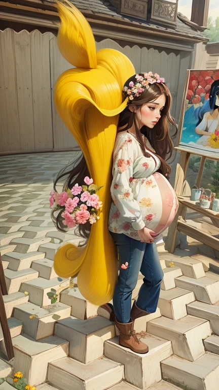a painting of a pregnant woman with long brown hair, digital cartoon painting art, beautiful digital illustration, cute digital art, a beautiful artwork illustration, cartoon digital painting, blur floral garden open sky background