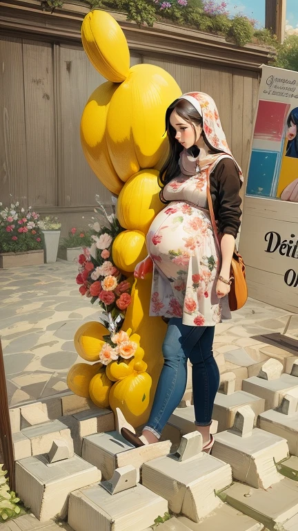 a painting of a pregnant woman with long brown hair, digital cartoon painting art, beautiful digital illustration, cute digital art, a beautiful artwork illustration, cartoon digital painting, blur floral garden open sky background