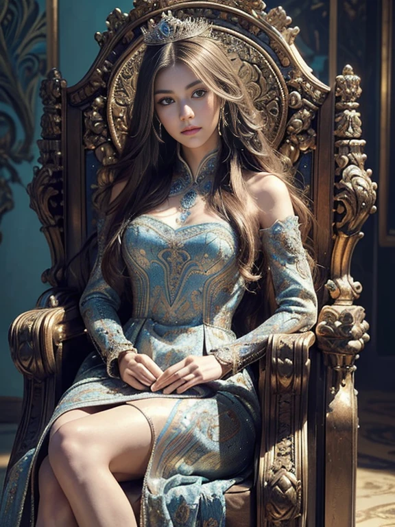 high details, best quality, 8k, [ultra detailed], masterpiece, best quality, (extremely detailed), ultra wide shot, photorealistic, a picture of a empress  wearing empress dress (intricate details, Masterpiece, best quality: 1.5), holding a scepter (intricate details, Masterpiece, best quality: 1.5), wearing a crown with 12 stars (intricate details, Masterpiece, best quality: 1.5), sitting on a throne (intricate details, Masterpiece, best quality: 1.5), silver long hair, Very long hair, long haired, intense eyes,  dynamic light, from the front, [[12 stars in the background]], best quality, highres, ultra wide angle, blue ocean eyes