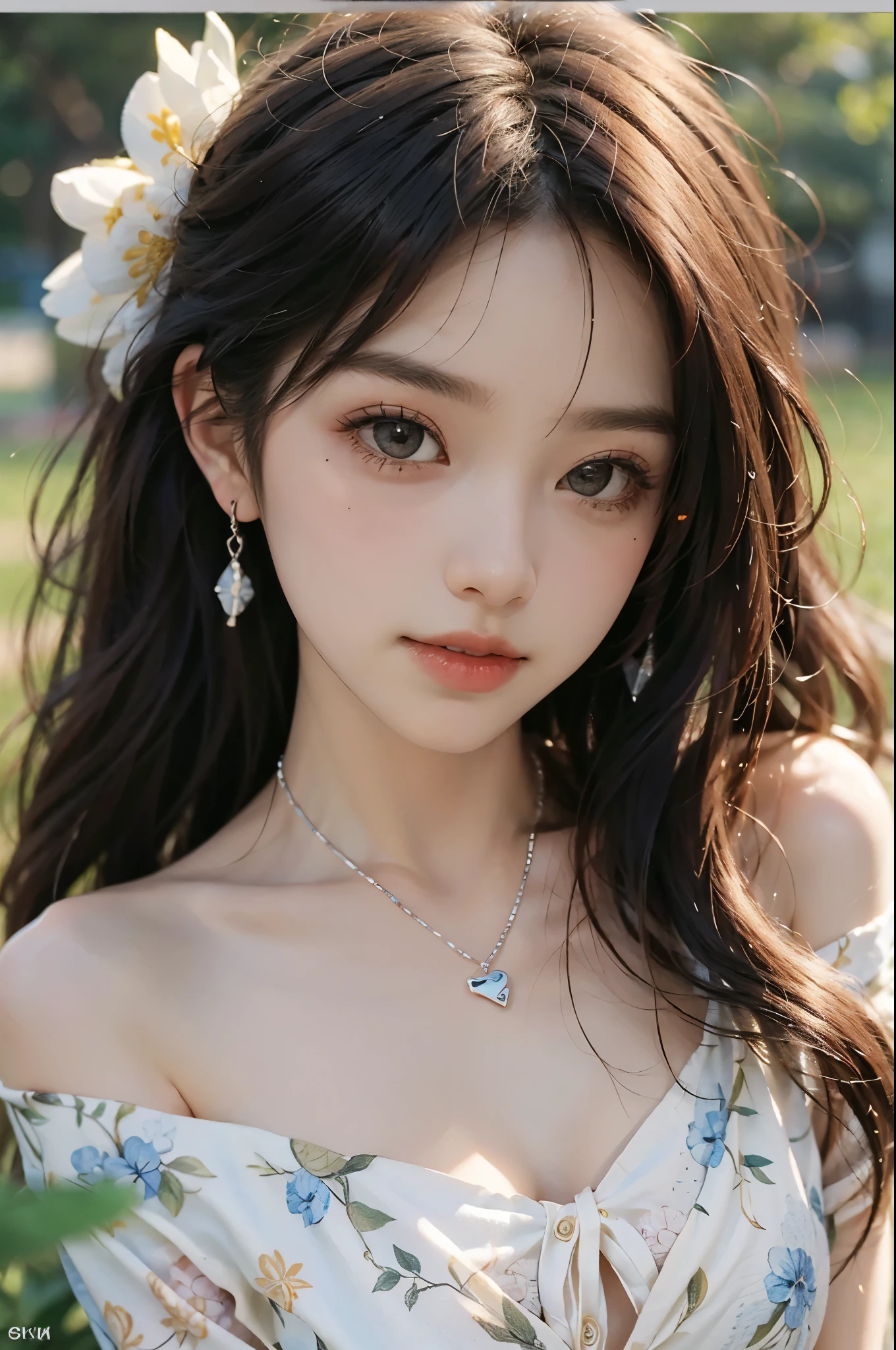 bare shoulders, dress, ((best quality, 8k, masterpiece: 1.3)), ((knee shot)), sexy的亚洲女模特, blush, (seduct smile: 0.8), hair accessories, necklace, Jia, Tyndall effect, actual, light edge, Two-tone lighting, 8k ultra hd, SLR camera, high quality, Volumetric lighting, sneak peek, photo, high resolution, 4K, 8k, background bokeh, earrings, 35mm, High detail hair, broken to pieces, portrait, Ultra-clear face, (lakeside, grassland), slim and beautiful, sexy, slender legs, A plump chest, cleavage, (long hair casual, :1.2), The face is super delicate, exquisite eyes, double eyelids, necklaces, earrings, light and shadow, high detail light and shadow, (flowers, peony, Rose)