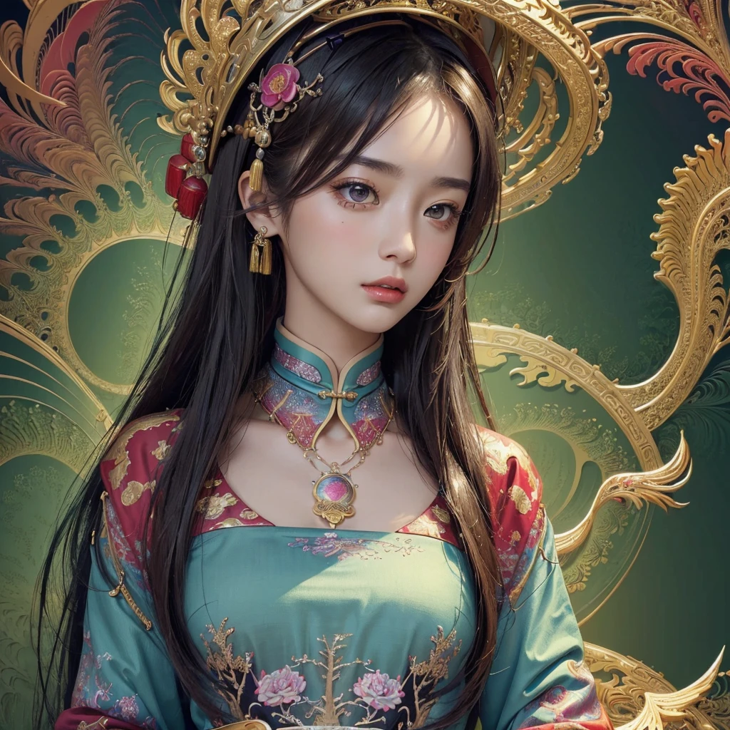 (masterpiece, top quality, best quality, extreme detailed, highest detailed, official art, beautiful and aesthetic:1.2), (1 super beautiful chinese girl), (upper body:1.2),(fractal art:1.3),colorful,