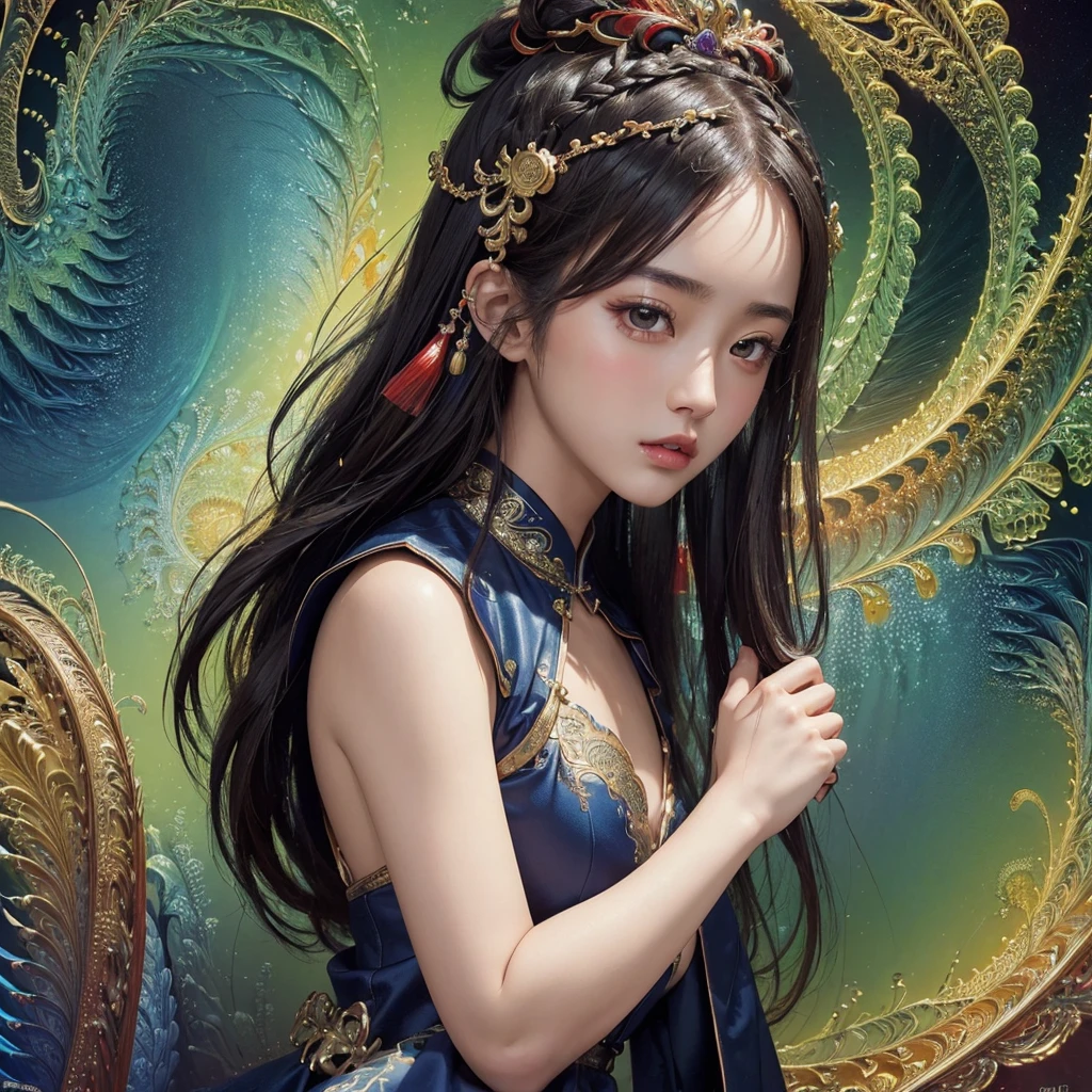 (masterpiece, top quality, best quality, extreme detailed, highest detailed, official art, beautiful and aesthetic:1.2), (1 super beautiful chinese girl), (upper body:1.2),(fractal art:1.3),colorful,