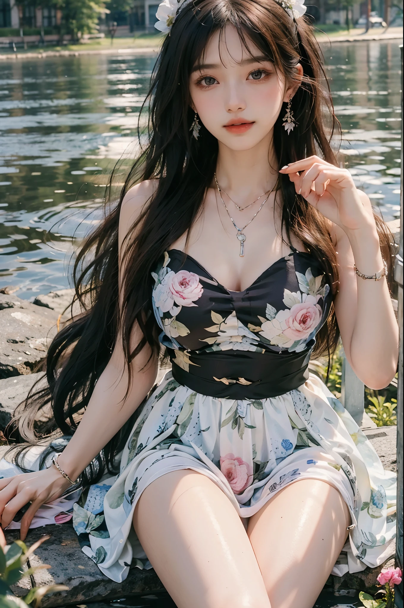 bare shoulders, dress, ((best quality, 8k, masterpiece: 1.3)), ((knee shot)), sexy的亚洲女模特, blush, (seduct smile: 0.8), hair accessories, necklace, Jia, Tyndall effect, actual, light edge, Two-tone lighting, 8k ultra hd, SLR camera, high quality, Volumetric lighting, sneak peek, photo, high resolution, 4K, 8k, background bokeh, earrings, 35mm, High detail hair, broken to pieces, portrait, Ultra-clear face, (lakeside, grassland), slim and beautiful, sexy, slender legs, A plump chest, cleavage, (long hair casual, :1.2), The face is super delicate, exquisite eyes, double eyelids, necklaces, earrings, light and shadow, high detail light and shadow, (flowers, peony, Rose)