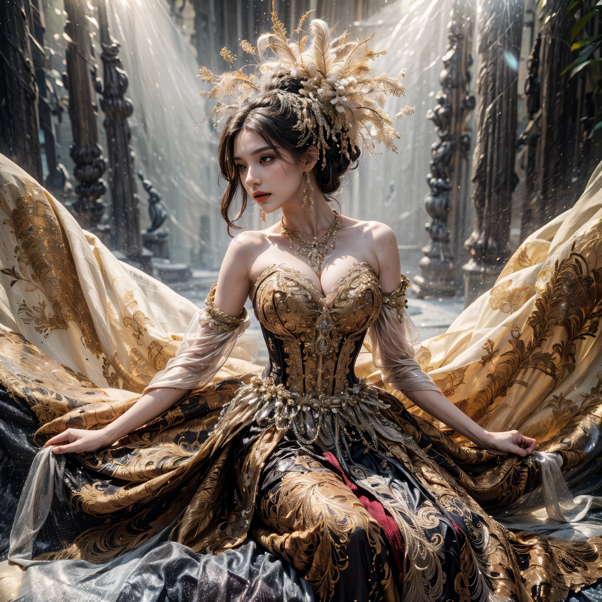 arafed woman with bustier gigantic breast in a corset and dress in front of a building, wearing an ornate outfit, ornate dress, intricate dress, elegant corset, ornate and elegant, extravagant dress, inspired by Hedi Xandt, ornate attire, intricate outfit, ornate royal gown, ornate clothing, ornate gown, intricate and elegant, intricate detailed dress, ornate , royal dress, masterpiece, best quality:1.2),,(8k,highres,RAW photo,realistic,photo-realistic:1.3),(detailed skin texture,detailed cloth texture,beautiful detailed face:1.25),professional lighting,photon mapping,beautiful soft light,radiosity,physically-based rendering,raytracing, model shoot style, model shoot style, (extremely detailed CG unity 8k wallpaper), full shot body photo of the most beautiful artwork in the world,