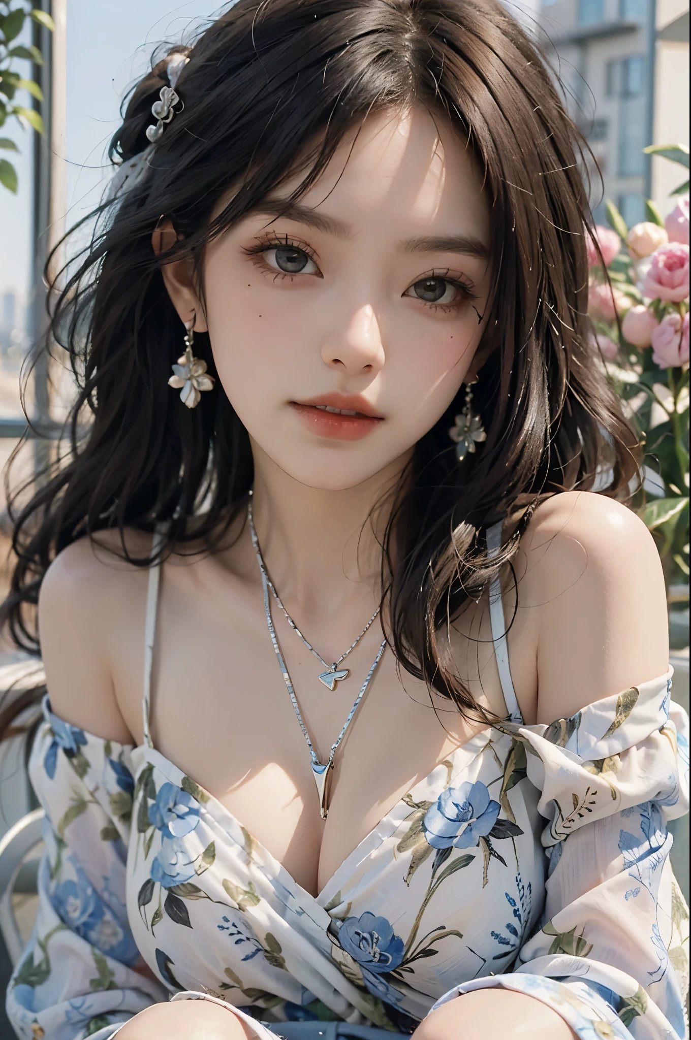 bare shoulders, dress, ((best quality, 8k, masterpiece: 1.3)), ((knee shot)), sexy的亚洲女模特, blush, (seduct smile: 0.8), hair accessories, necklace, Jia, Tyndall effect, actual, light edge, Two-tone lighting, 8k ultra hd, SLR camera, high quality, Volumetric lighting, sneak peek, photo, high resolution, 4K, 8k, background bokeh, earrings, 35mm, High detail hair, broken to pieces, portrait, Ultra-clear face, (lakeside, grassland), slim and beautiful, sexy, slender legs, A plump chest, cleavage, (long hair casual, :1.2), The face is super delicate, exquisite eyes, double eyelids, necklaces, earrings, light and shadow, high detail light and shadow, (flowers, peony, Rose)