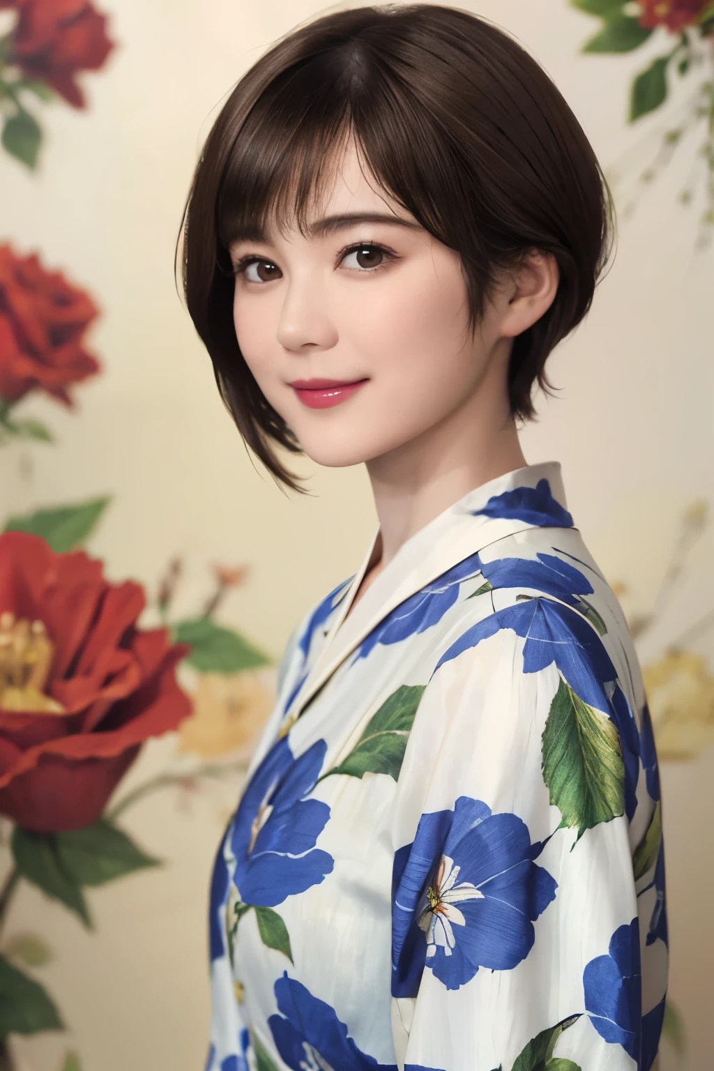 151
(20 year old woman,Floral clothing), (Super realistic), (high resolution), ((beautiful hairstyle 46)), ((short hair:1.46)), (gentle smile), (brest:1.1), (lipstick)