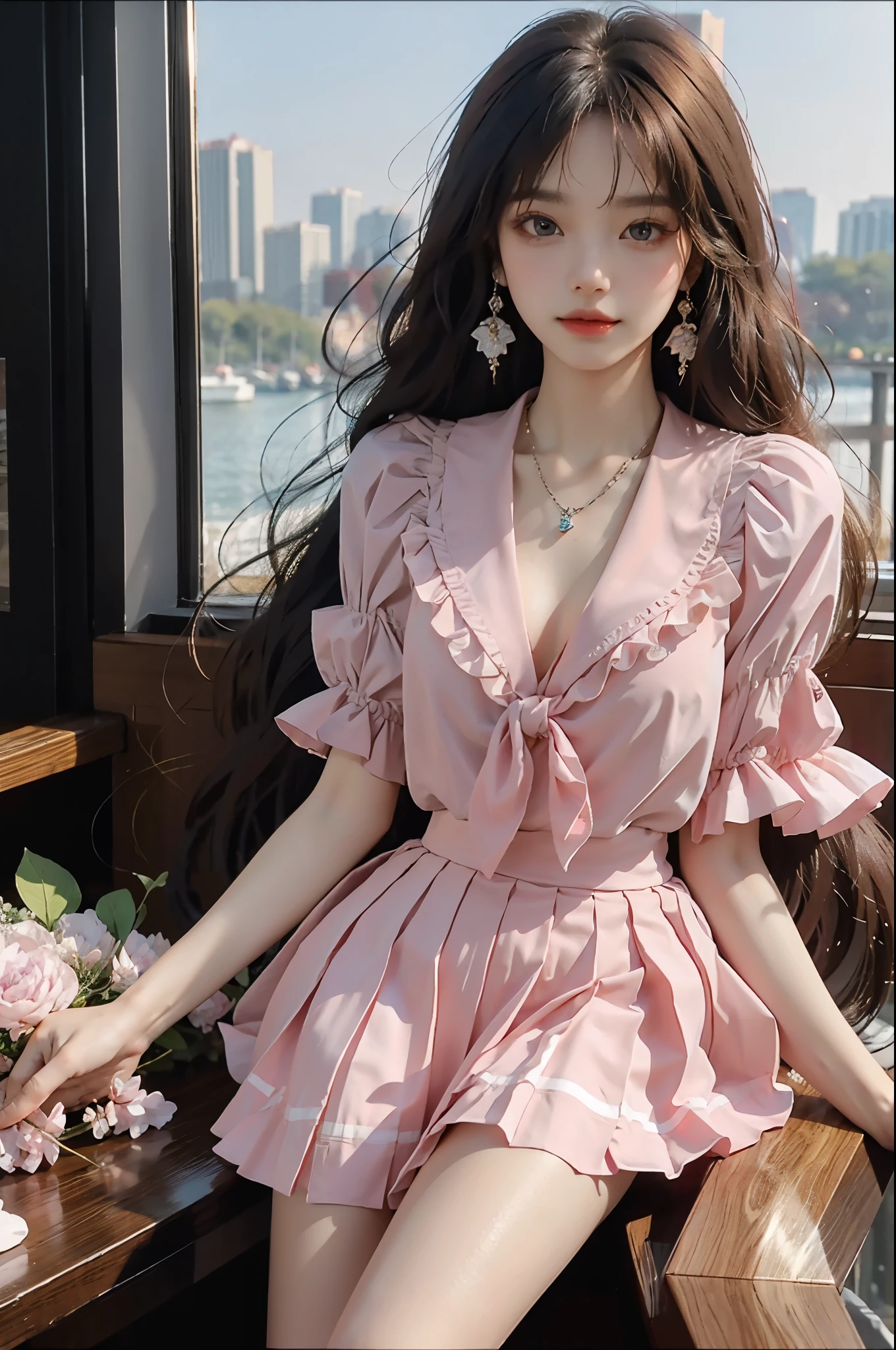 pleated skirt,pink skirt,pink sailor collar, ((best quality, 8k, masterpiece: 1.3)), ((knee shot)), sexy的亚洲女模特, blush, (seduct smile: 0.8), hair accessories, necklace, Jia, Tyndall effect, actual, light edge, Two-tone lighting, 8k ultra hd, SLR camera, high quality, Volumetric lighting, sneak peek, photo, high resolution, 4K, 8k, background bokeh, earrings, 35mm, High detail hair, broken to pieces, portrait, Ultra-clear face, (lakeside, grassland), slim and beautiful, sexy, slender legs, A plump chest, cleavage, (long hair casual, :1.2), The face is super delicate, exquisite eyes, double eyelids, necklaces, earrings, light and shadow, high detail light and shadow, (flowers, peony, Rose)