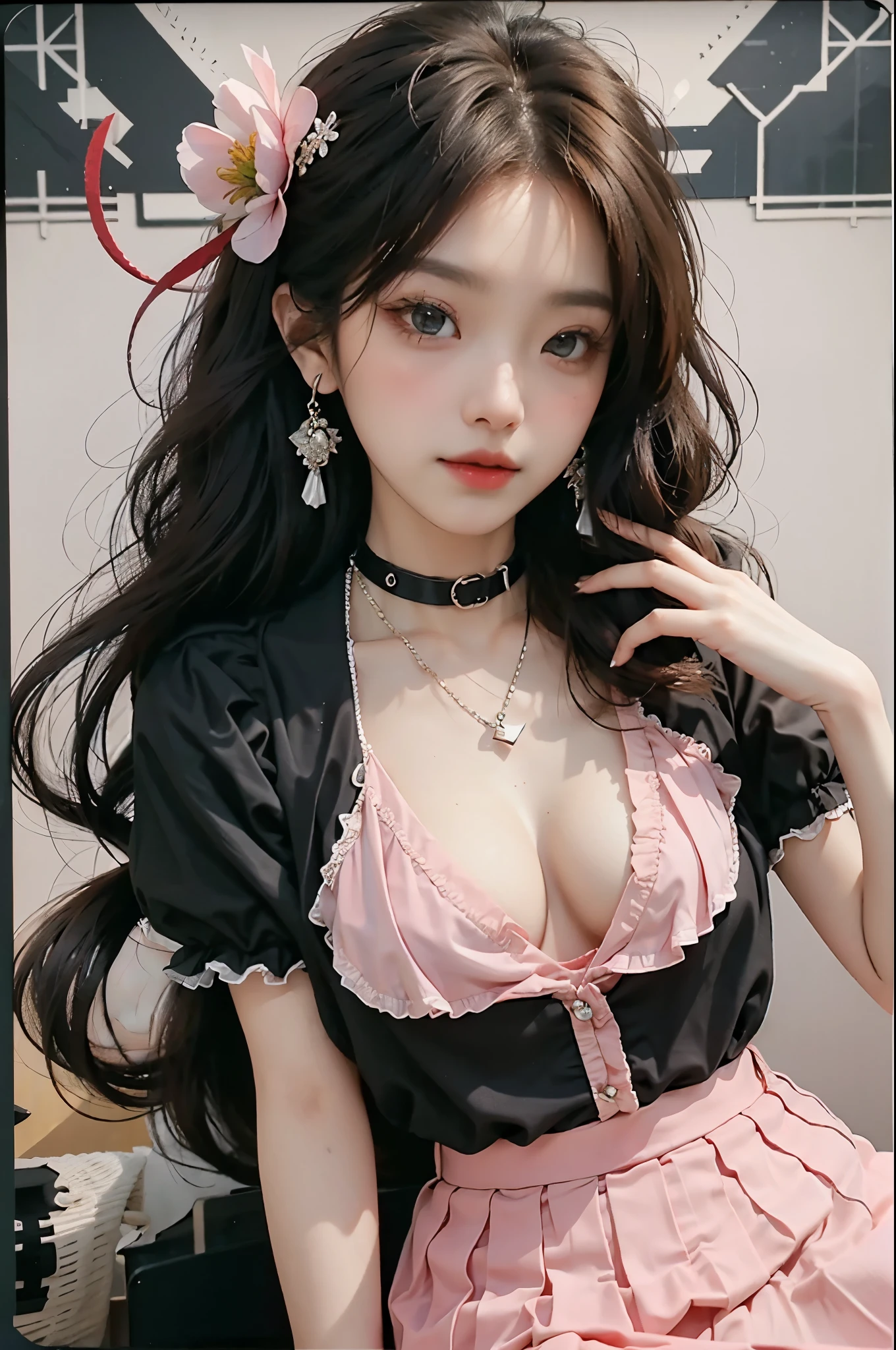 pleated skirt,pink skirt,pink sailor collar, ((best quality, 8k, masterpiece: 1.3)), ((knee shot)), sexy的亚洲女模特, blush, (seduct smile: 0.8), hair accessories, necklace, Jia, Tyndall effect, actual, light edge, Two-tone lighting, 8k ultra hd, SLR camera, high quality, Volumetric lighting, sneak peek, photo, high resolution, 4K, 8k, background bokeh, earrings, 35mm, High detail hair, broken to pieces, portrait, Ultra-clear face, (lakeside, grassland), slim and beautiful, sexy, slender legs, A plump chest, cleavage, (long hair casual, :1.2), The face is super delicate, exquisite eyes, double eyelids, necklaces, earrings, light and shadow, high detail light and shadow, (flowers, peony, Rose)