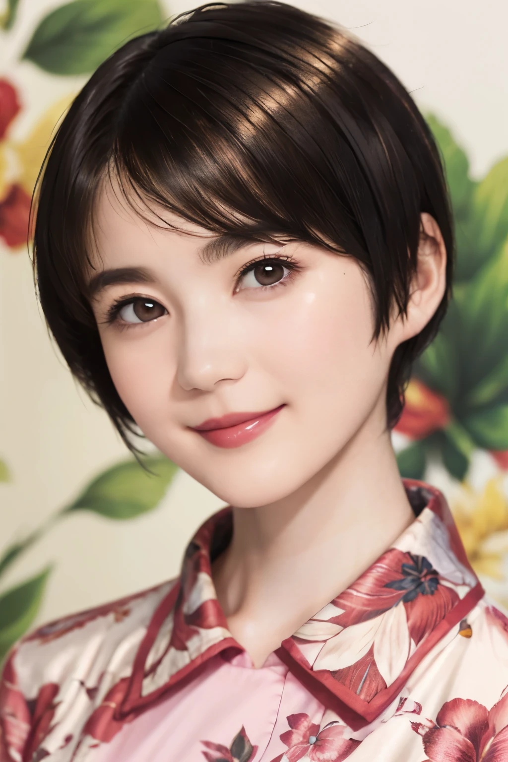 151
(20 year old woman,Floral clothing), (Super realistic), (high resolution), ((beautiful hairstyle 46)), ((short hair:1.46)), (gentle smile), (brest:1.1), (lipstick)
