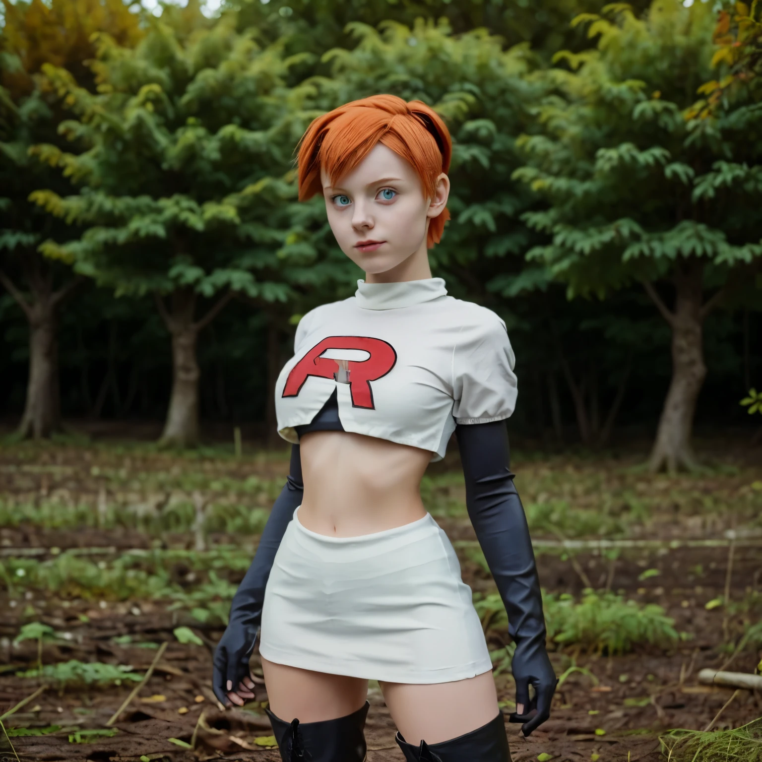 Sexi girl standing 16 years old doing a cosplay of Misty character of pokemon with team rocket uniform: Angelical face, orange short hair, white very short miniskirt, withe t-shirt, black boots, black long gloves. Perfect body, big tits, blue eyes, smailing, boots in the picture, f4ont view, in the forest.