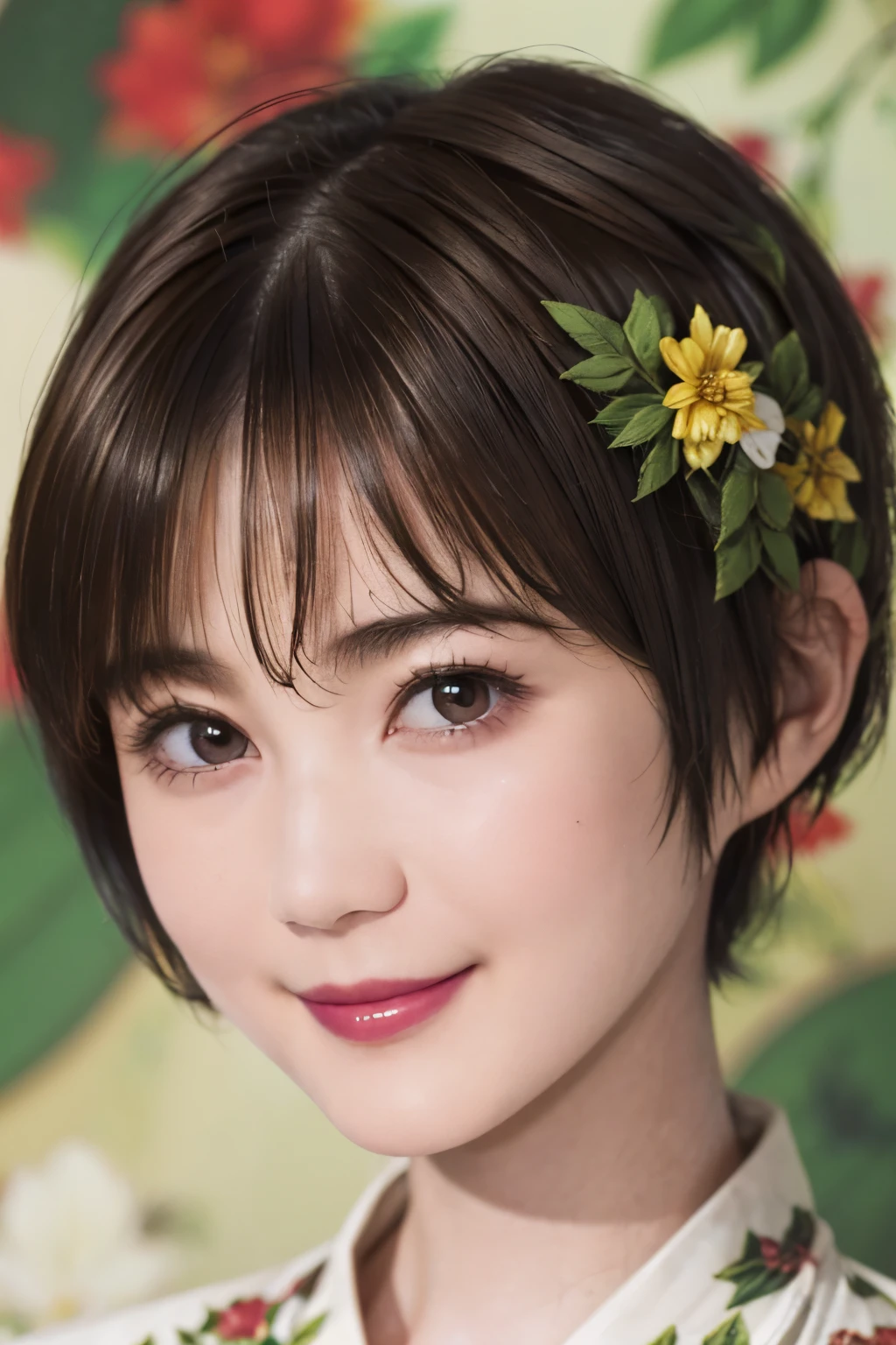 151
(20 year old woman,Floral clothing), (Super realistic), (high resolution), ((beautiful hairstyle 46)), ((short hair:1.46)), (gentle smile), (brest:1.1), (lipstick)
