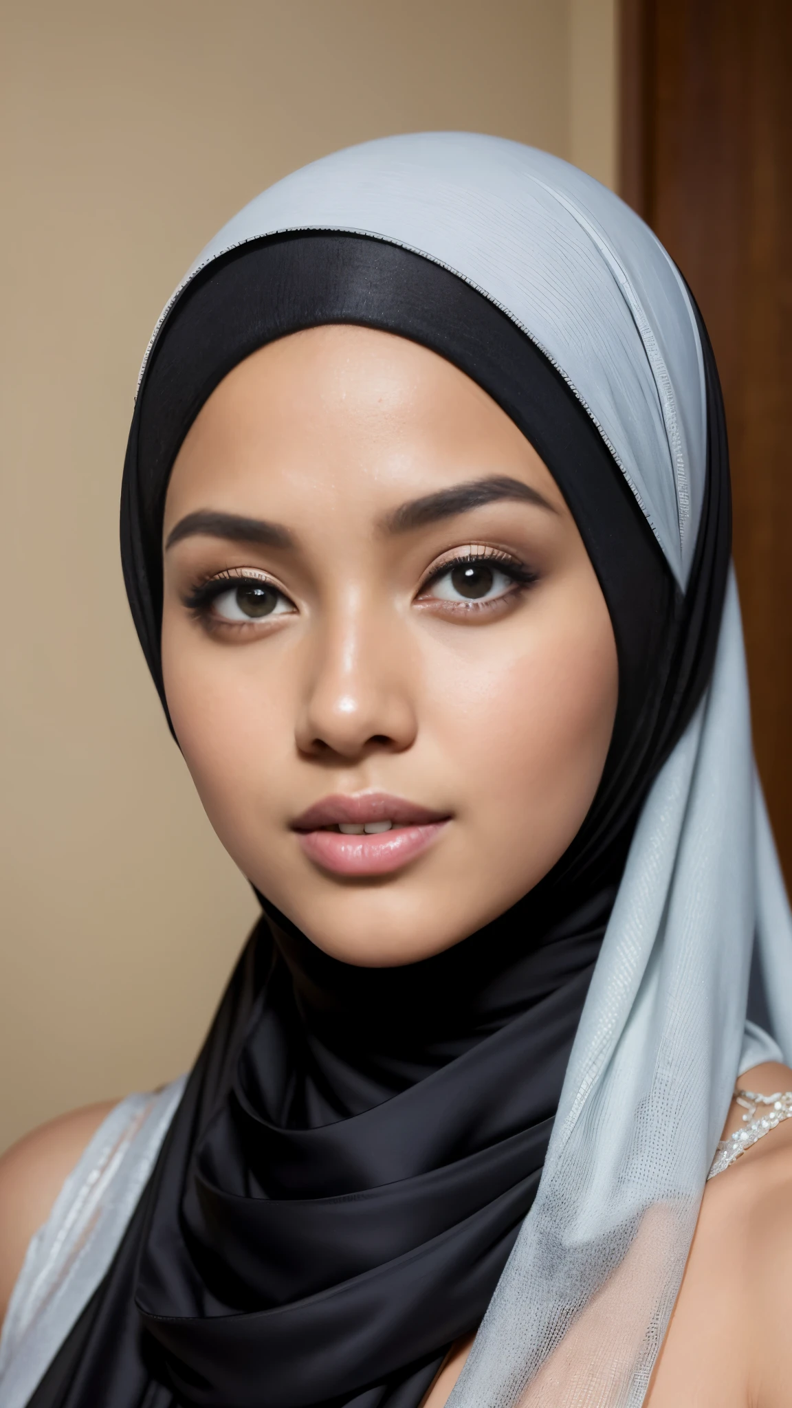 RAW, Best quality, high resolution, masterpiece: 1.3), beautiful Malay woman in hijab,Masterpiece, perfect  fit body, big breast, biggorgeous eyes, Soft smile,thick thighs,close up of a woman wearing a scarf and a black dress, hijab, headshot profile picture, portait photo profile picture, high quality portrait, close up potrait, white hijab, beautiful image, malaysian beauty, , 🤤 girl portrait glent lighting, Bright colors, Clean lines

