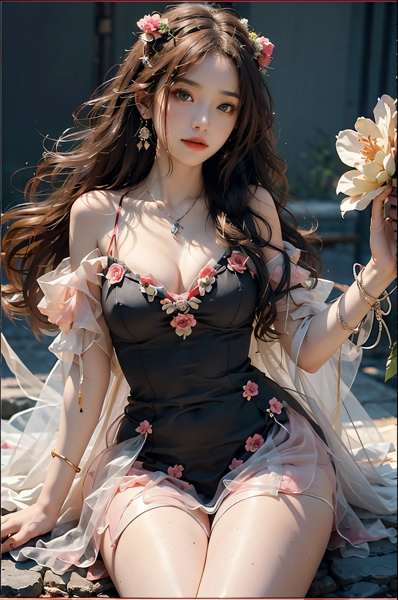 Romantic Rosette dress2, ((best quality, 8k, masterpiece: 1.3)), ((knee shot)), sexy的亚洲女模特, blush, (seduct smile: 0.8), hair accessories, necklace, Jia, Tyndall effect, actual, light edge, Two-tone lighting, 8k ultra hd, SLR camera, high quality, Volumetric lighting, sneak peek, photo, high resolution, 4K, 8k, background bokeh, earrings, 35mm, High detail hair, broken to pieces, portrait, Ultra-clear face, (lakeside, grassland), slim and beautiful, sexy, slender legs, A plump chest, cleavage, (long hair casual, :1.2), The face is super delicate, exquisite eyes, double eyelids, necklaces, earrings, light and shadow, high detail light and shadow, (flowers, peony, Rose)